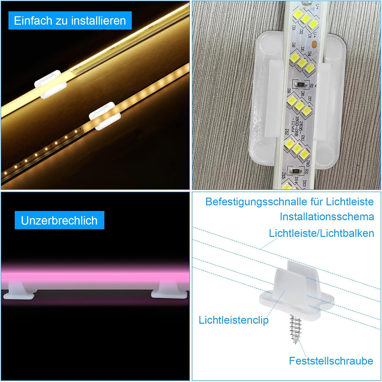 VOSSOT Pack of 50 Waterproof LED Light Strip Clips, Mounting Bracket Clips, Suitable for 5 Mm to 6 Mm Silicone LED Strip Holder, Includes Screws, Translucent image number 6