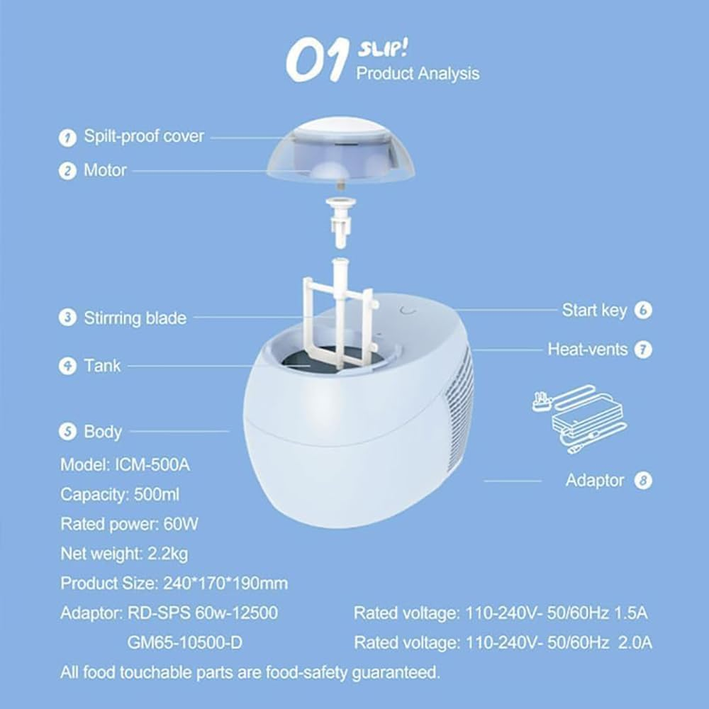 Ice Cream Maker, Frozen Fruit Ice Cream Machine, Home Kitchen Automatic Portable Counter Top Electric Ice Machine, Make Delicious Ice Cream in 90 Minutes for Dessert Make Blue