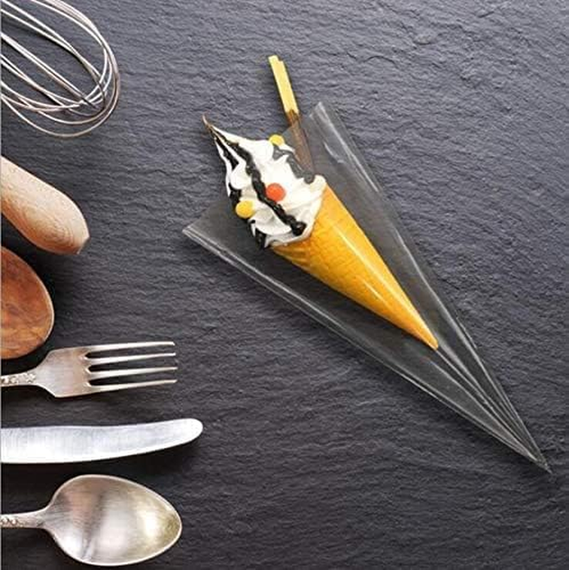 200PCS Cone Cellophane Bags, Betterjonny 13 * 25CM Clear Plastic Sweets Bags with Twist Ties, Triangle Party Cellophane Bag for Lolly Popcorn Cookies Candy Snacks Flowers&Graduation Birthday Wedding image number 4