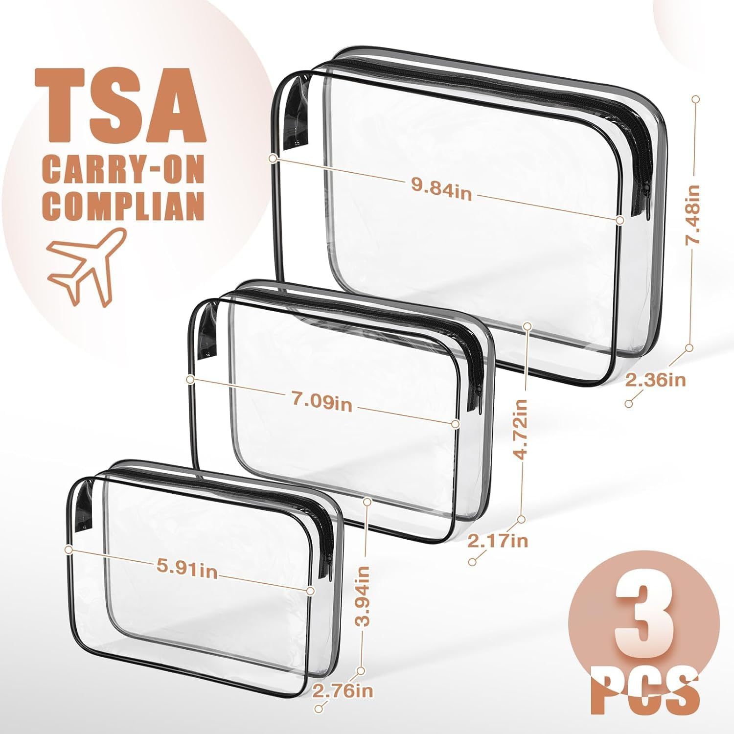 Waterproof Quart Size Travel Makeup Cosmetic Bag, 3Pcs PVC Zippered Toiletry Carry Pouch, Clear Travel Makeup Toiletry Bag, Quart-Sized Clear Cosmetic Makeup Pouch image number 3