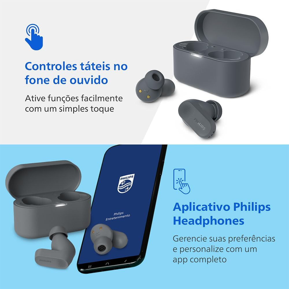 Philips TAT3509GY Noise Cancelling True Wireless in Ear Bluetooth Headphones - Natural Sound, Dynamic Bass, Pocket-Sized Charging Case, Clear Calls, Ideal for Commuting and Exercise - Grey