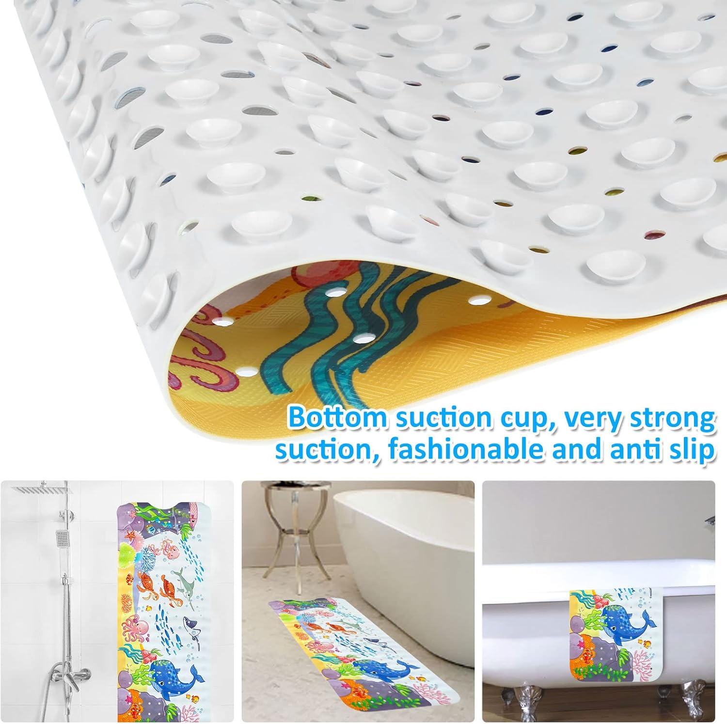 Baby Bath Mat Non Slip 40X16In Cute Cartoon Bath Mat with Suction Cup Drain Holes Machine Washable Shower Mat for Tub Bathroom Children (1, Style 3) image number 5