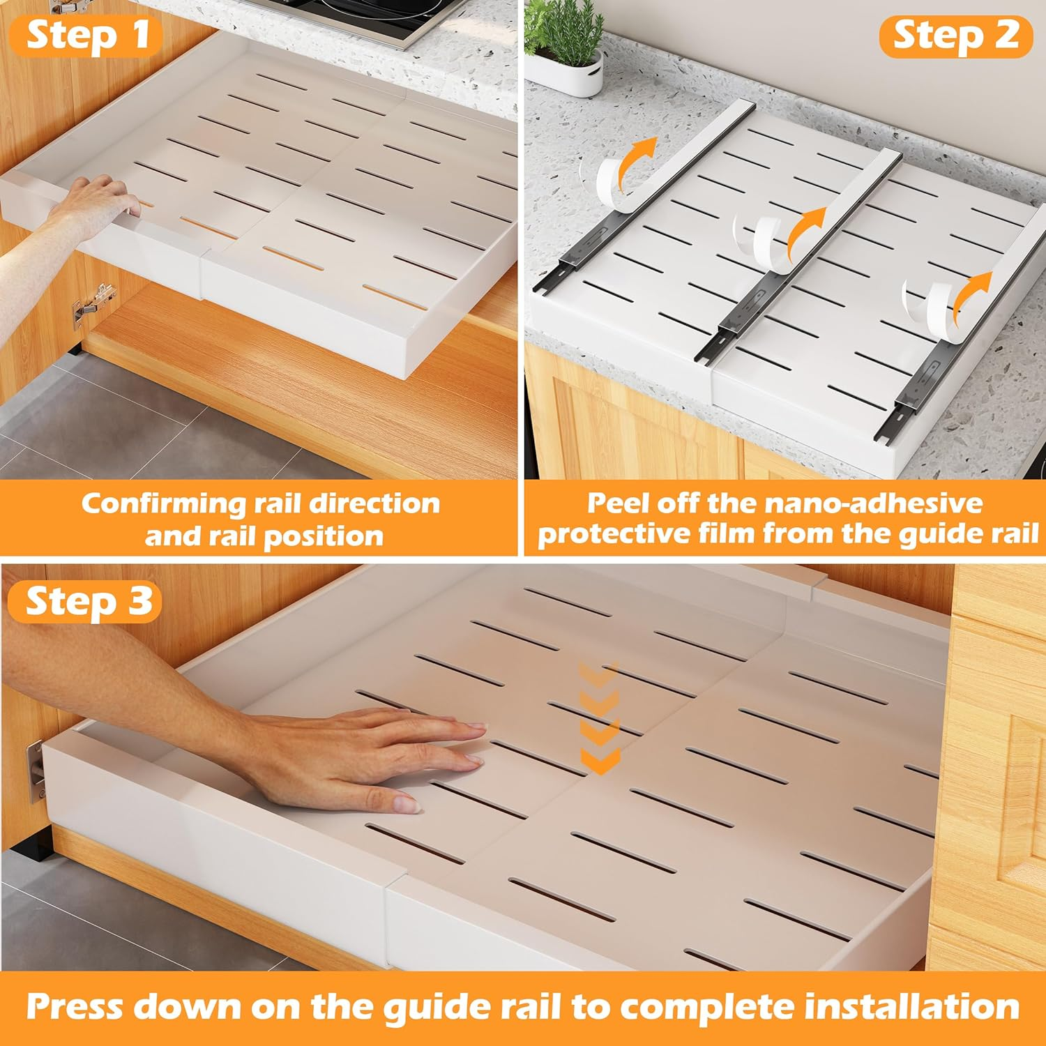 COVAODQ 1 Pack Pull Out Cabinet Organizer Extendable Sliding Slide Out Pantry Shelves Storage No Punch for Kitchen Base Cabinet Organization, Pantry, Bathroom Adjustable Width 12.4" to 20.4" image number 6