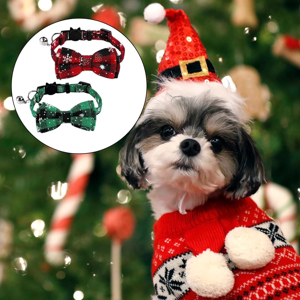 Christmas Collar, Kitten Collars, 2 Pieces Christmas Cat Collar, Christmas Cat Collar, Christmas Cat Bow Tie Collar, Pet Christmas Collar, Small Dog Collars, Adjustable image number 1