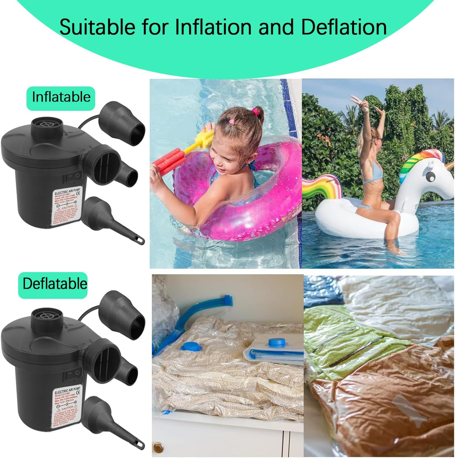 Electric Pump for Inflatables with 3 Nozzles, AC 110-240V/DC 12V 50W High Power Electric Air Pump for Air Bed Mattress Couch Inflatables Paddling Pool Beach Toys, Fill Inflator Deflator