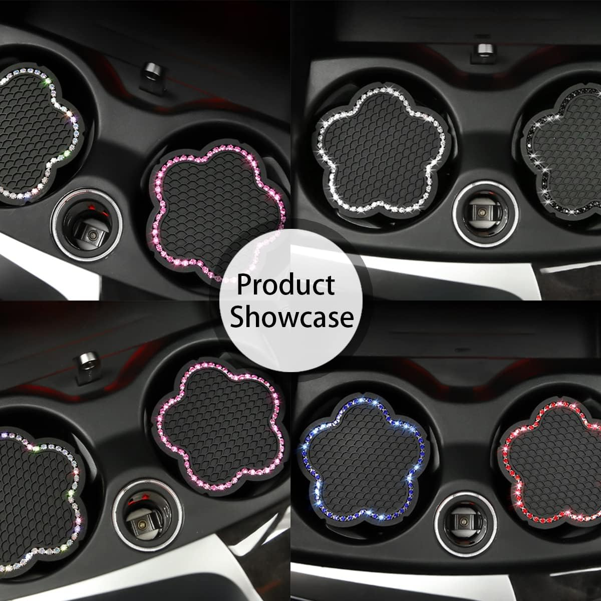 BELOMI 4PCS Bling Car Cup Holder Coaster, 2.75 Inch Crystal Anti-Slip Vehicle Cup Holder Insert Coaster, Rhinestone Cute Plum Blossom Pattern Auto Drink Mat, Universal for Women Girls(Pink)
