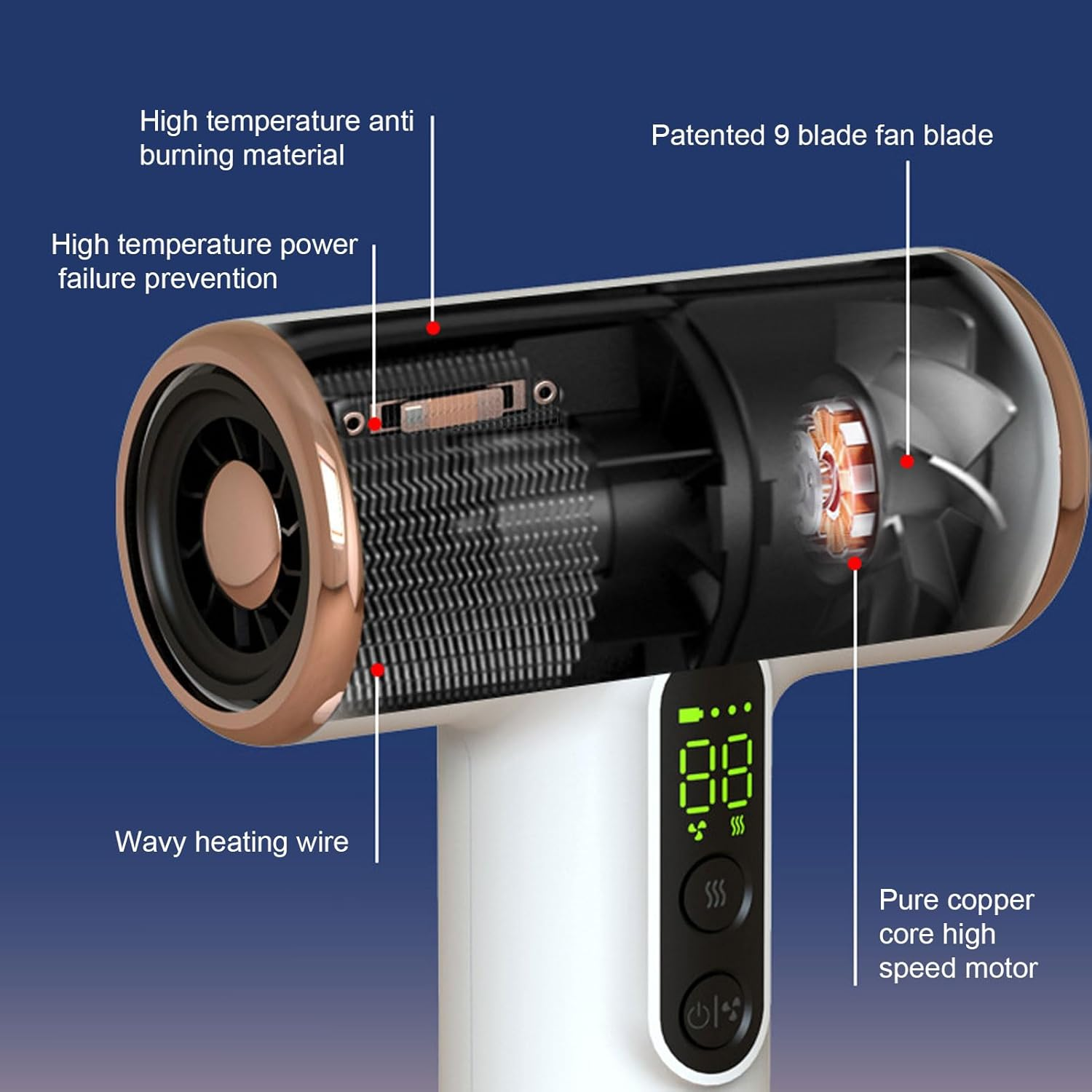 Cordless Hair Dryer with 15600Mah USB Rechargeable Battery, Large Wind Power Design Lightweight and Portable for Travel Dorm Outdoor Use image number 1