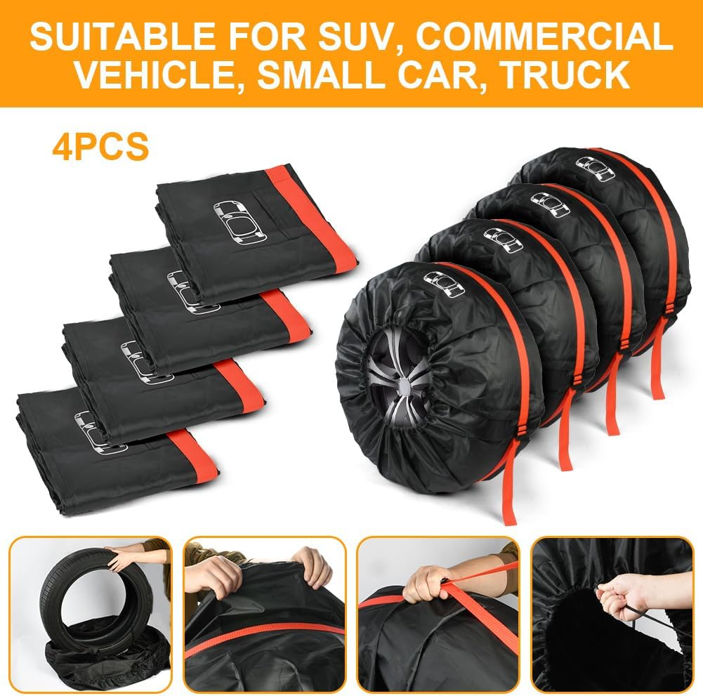 Adiwo Car Spare Tire Covers 4 Pack, 13-18 in Tyre Bag Set, Diameter 66Cm Wheel Protection Cover, Tyre Bags with Handle, Waterproof Dustproof Auto Spare Tires Storage Bags for Car UV SUV Truck, S image number 5