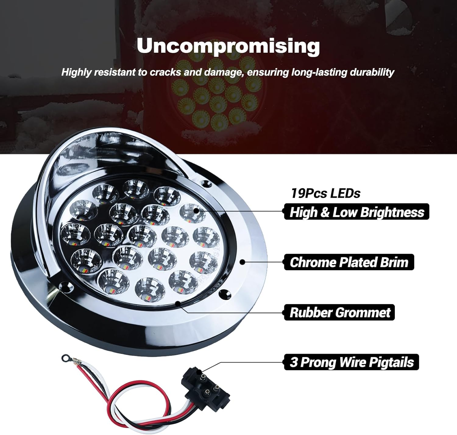 Xtraglow 4 Inch round Dual Revolution LED Tail Lights Red Stop Turn Tail Lights and White Backup Reverse Lights Kit for Truck Trailer RV Jeep with Rubber Grommet Chrome Plated Brim IP67 Waterproof image number 1