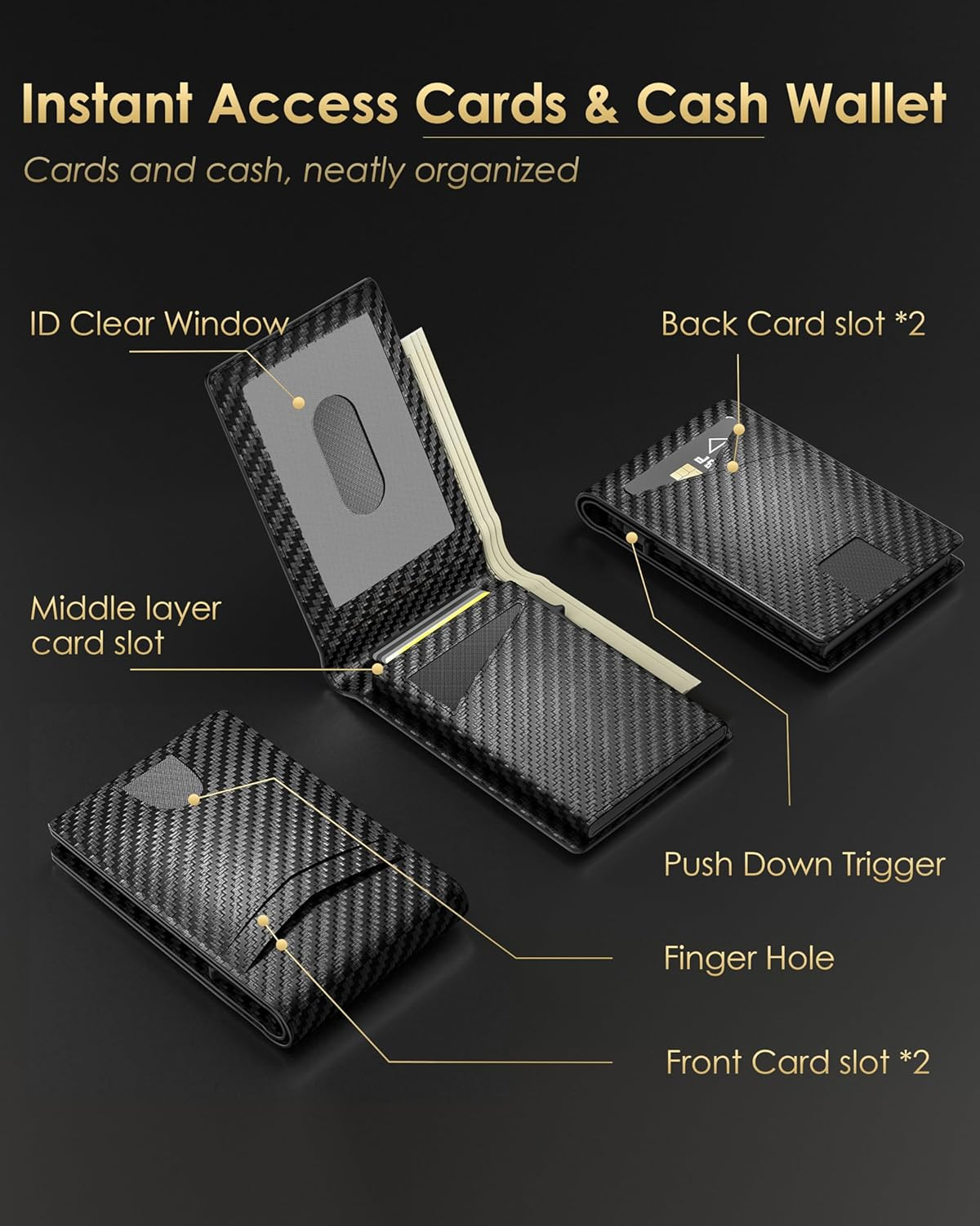 QLD Minimalist Wallet for Men - Slim RFID Blocking Bifold Credit Card Holder Leather Pop up Wallet Aluminum Case with Cash Slot, Front Pocket with ID Window, Gift Boxed, Carbon Fiber, Minimalist - Carbon Fiber image number 3