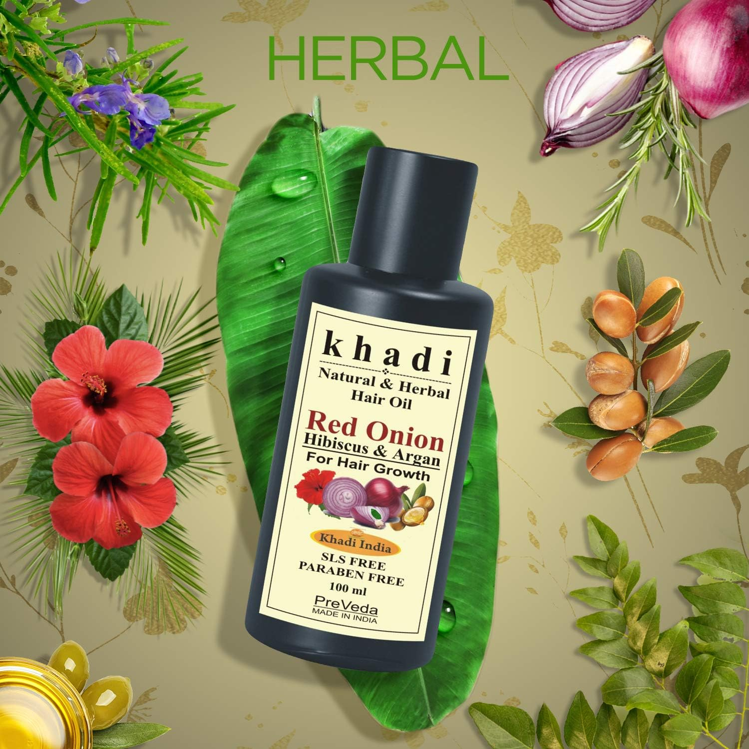 Preveda&reg; Khadi Red Onion Hibiscus & Argan Hair Oil with Best Ayurvedic & Natural Oils 100 Ml