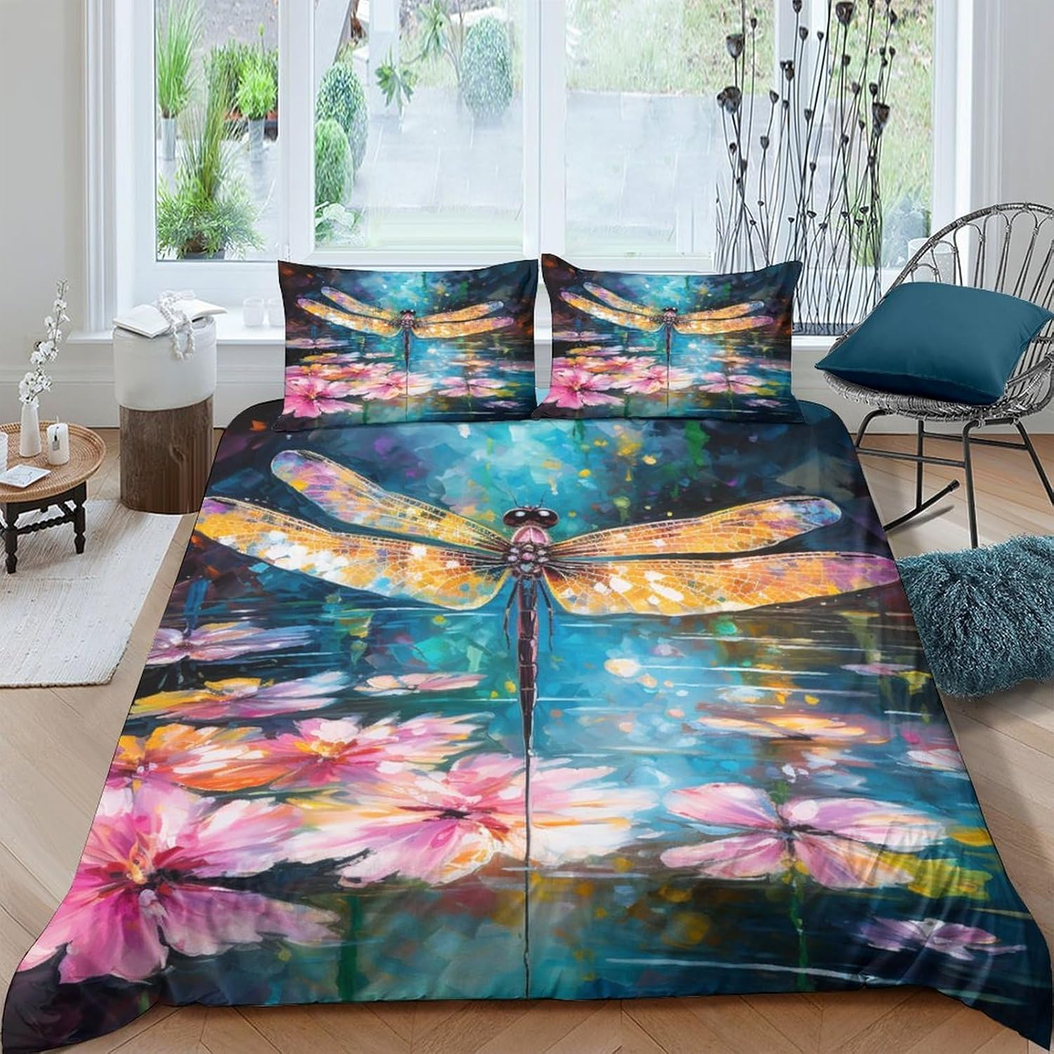 Dragonfly Duvet Cover Set Flower Comforter Cover for Teens 3D Print Bedding Set Microfiber Quilt Cover with Zipper Closure 3 Pieces with Pillowcases,King（210X245Cm）