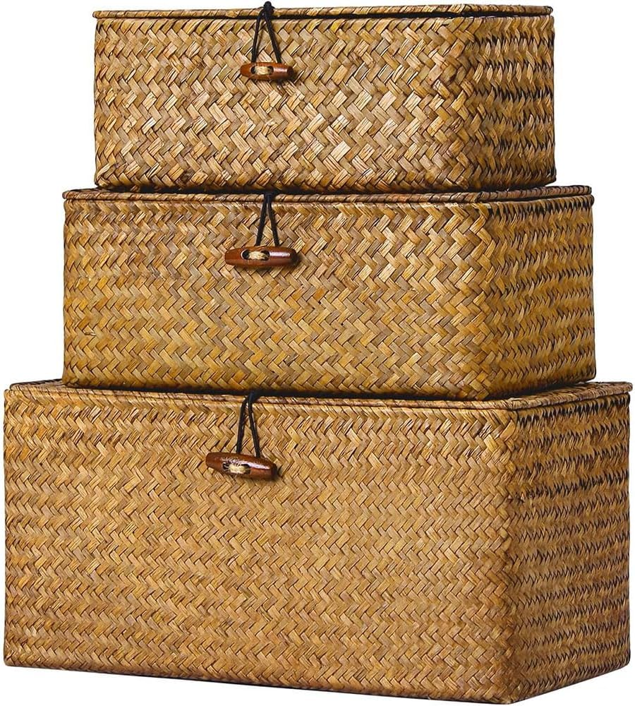 Set of 3 Woven Seagrass Storage Baskets with Lids &ndash; Decorative Rectangular Bins for Shelf, Closet, Pantry & Home Organization &ndash; Natural Wicker Boho Style Organizer