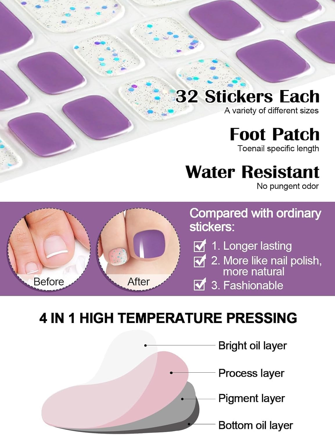 Kalolary Semi Cured Gel Toenail Strips,Toenail Stickers Pedicure Strips Long Lasting Salon Quality Nail Wraps with Nail File & Wood Stick(Uv/Led Lamp Required