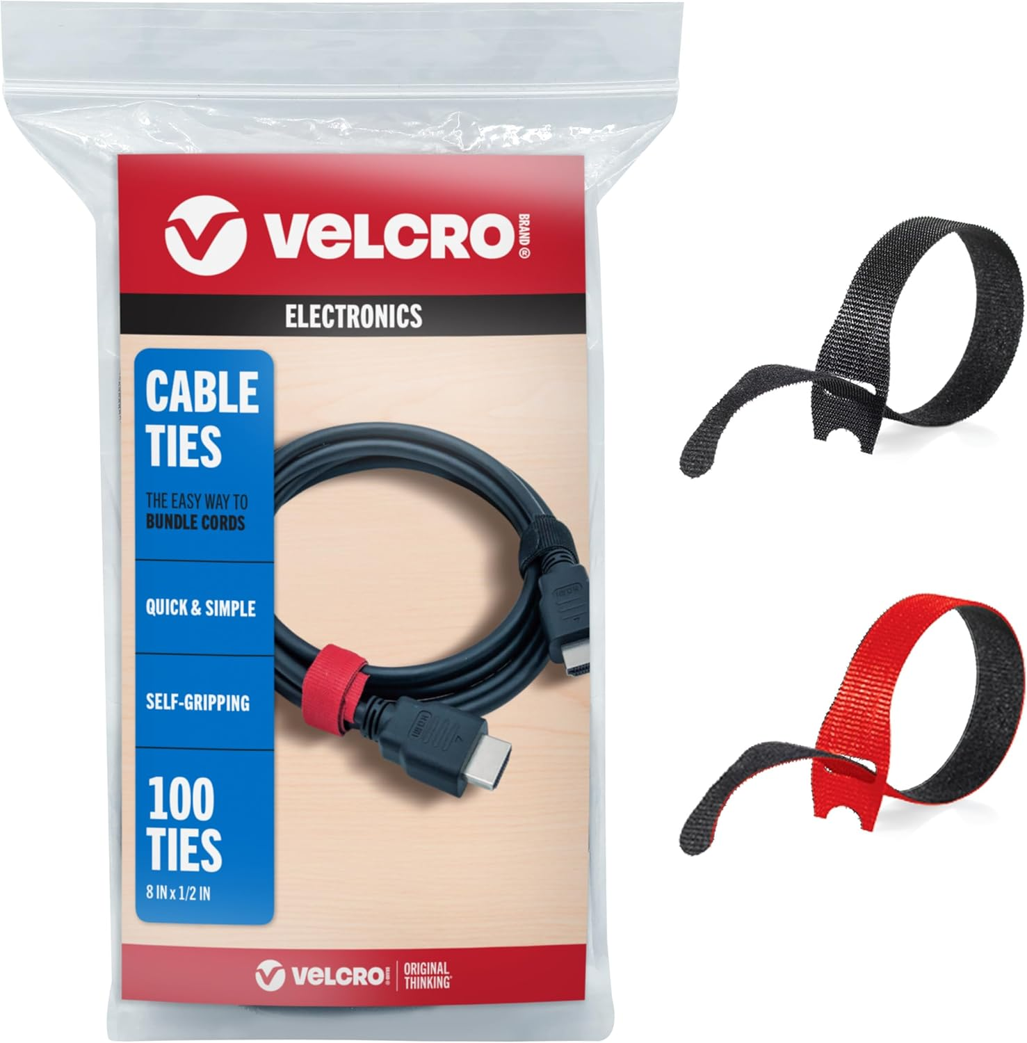 VELCRO Brand Cable Ties, 100Pk - 8 X 1/2" Red and Black, Reusable Alternative to Zip Ties, ONE-WRAP Thin Pre-Cut Cord Organization Straps, Wire Management for Office or Home, VEL-30200-AMS, Black/Red image number 4