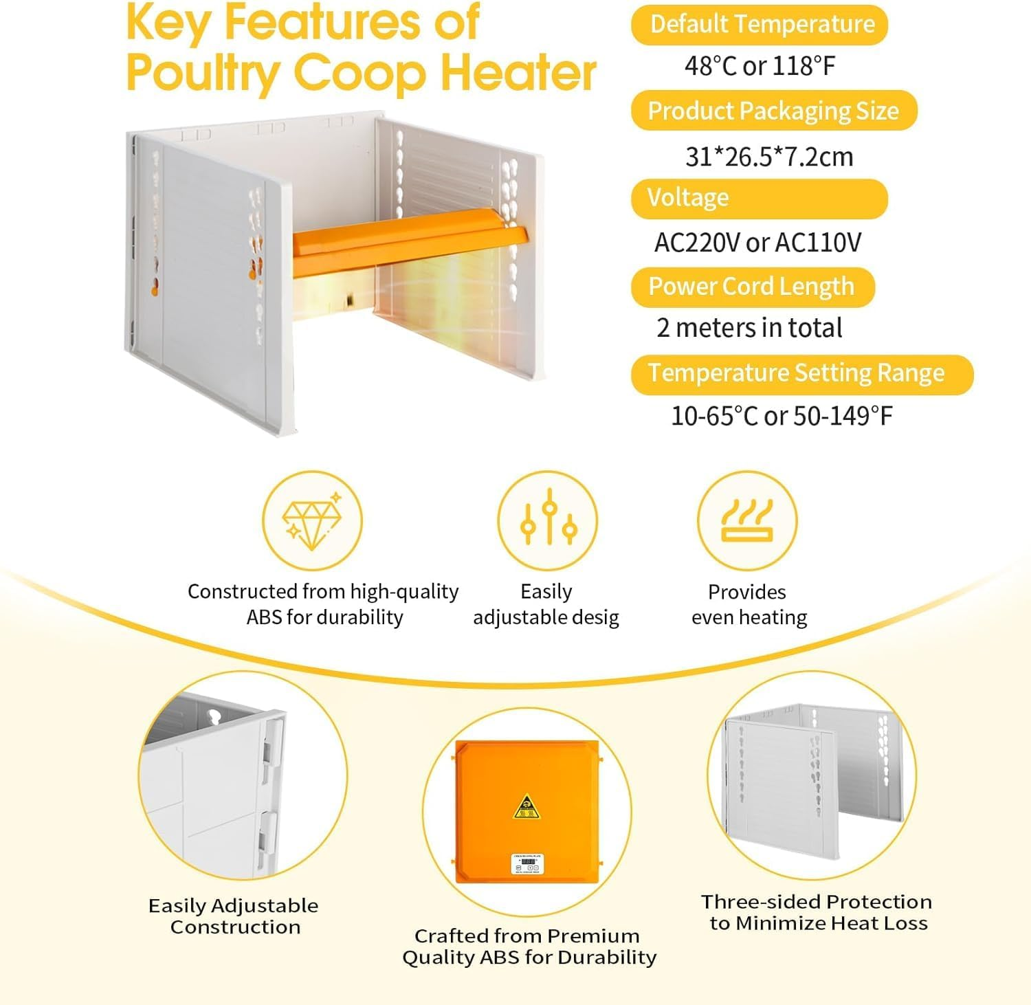 Chick Brooder Heating Plate, Adjustable Height/Angle Brooder Plate for Chicks, 10.5"X10" Digital Temp Control, Fast Heating & 3-Side Protection, Warmth for Chicks/Ducklings (Yellow) image number 5