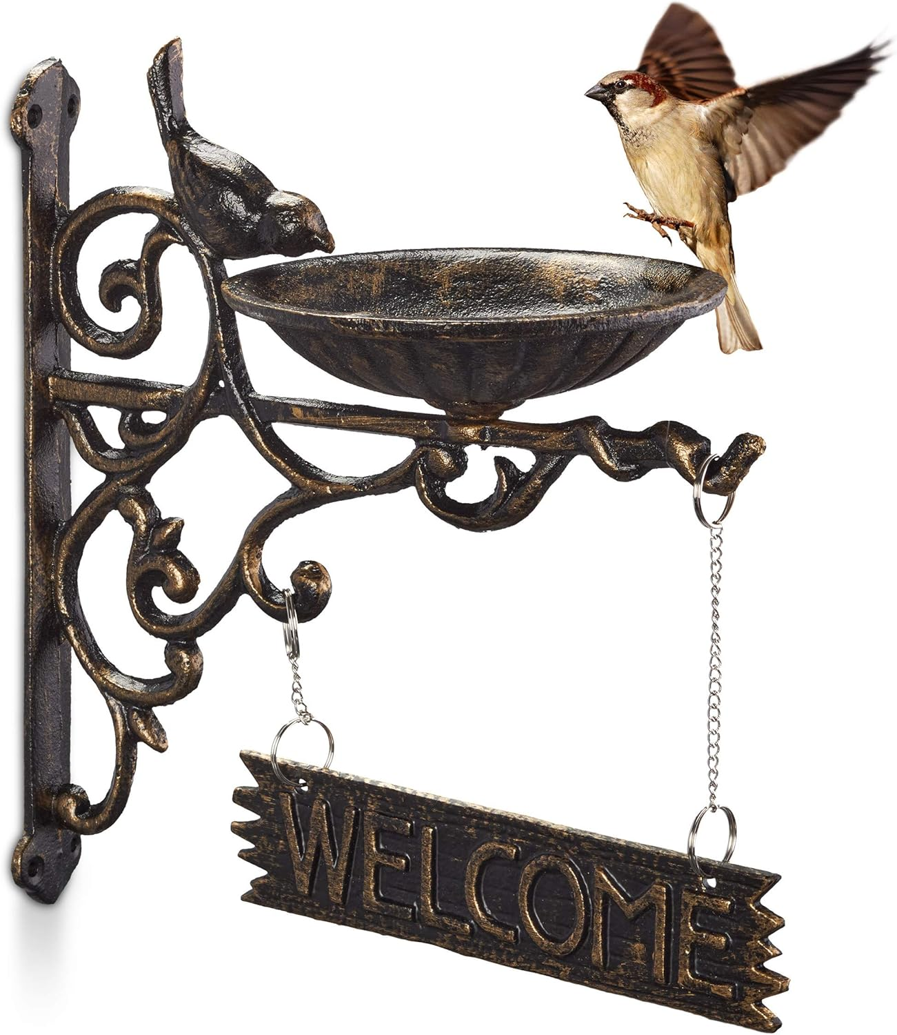 Relaxdays, Brown Cast Iron Hanging Bath with Welcome Sign, Garden Decor, Feeding Bowl, Font for Wild Birds