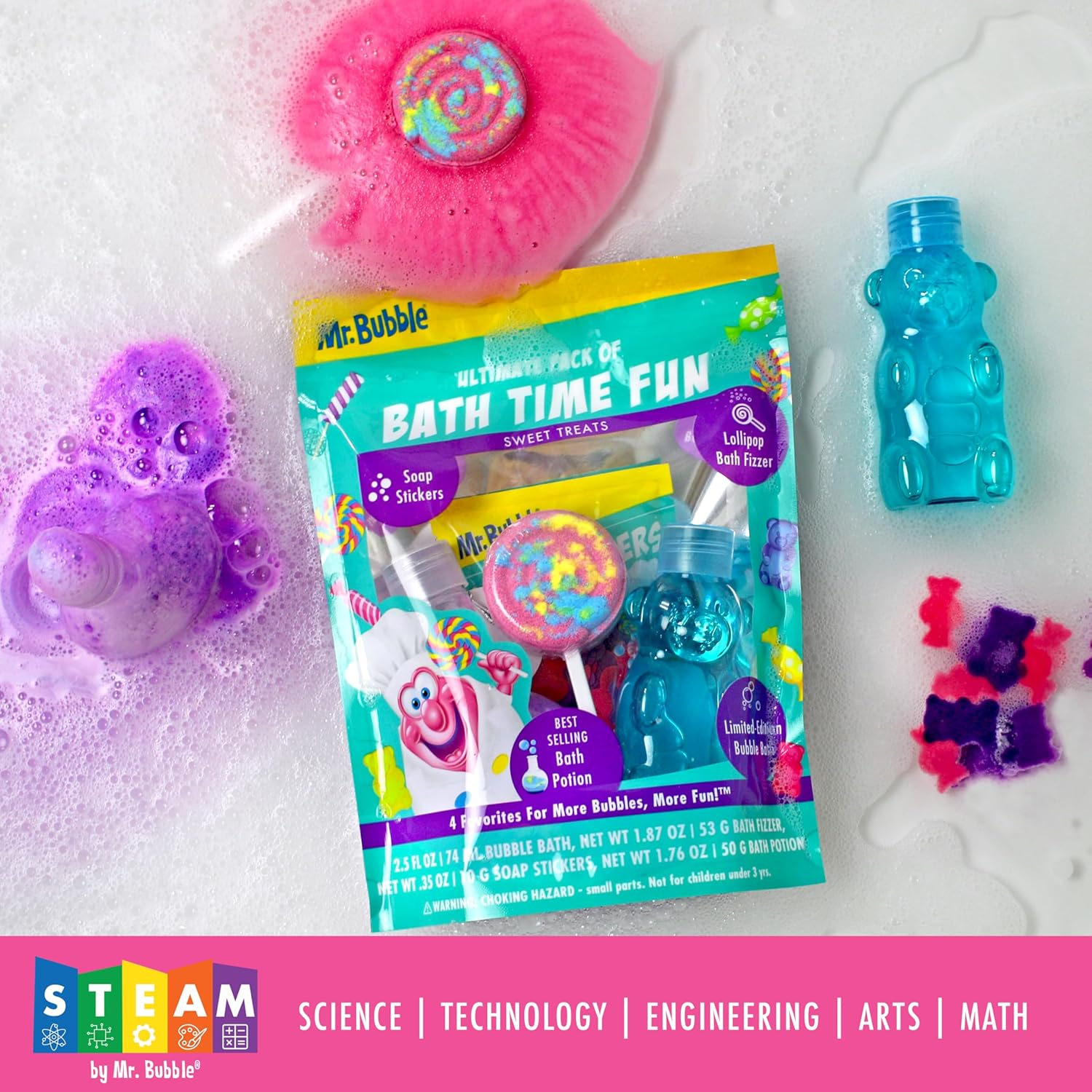 Mr. Bubble Kids Ultimate Pack of Bath Time Fun (Original Bubble Bath 2.5Oz, Bath Fizzer 50G, Soap Stickers 10G, Bath Potion 50G)