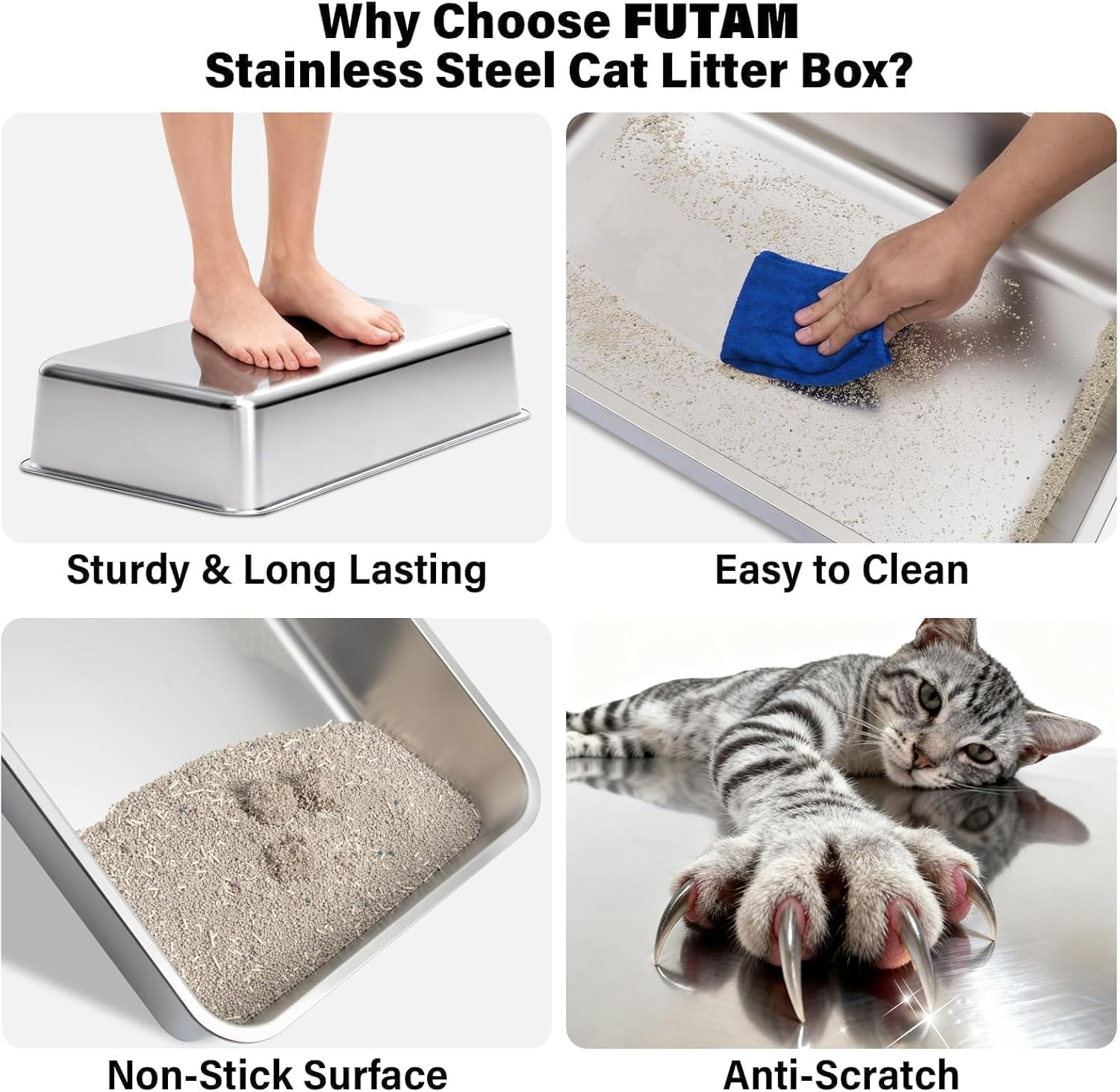 Stainless Steel Litter Box, XL Metal Cat Litter Box with Lid, Extra Large Cat Litter Boxes for Big Cats with High Sides, Easy Cleaning, Non Stick, No Smell, Include Scoop and Mat