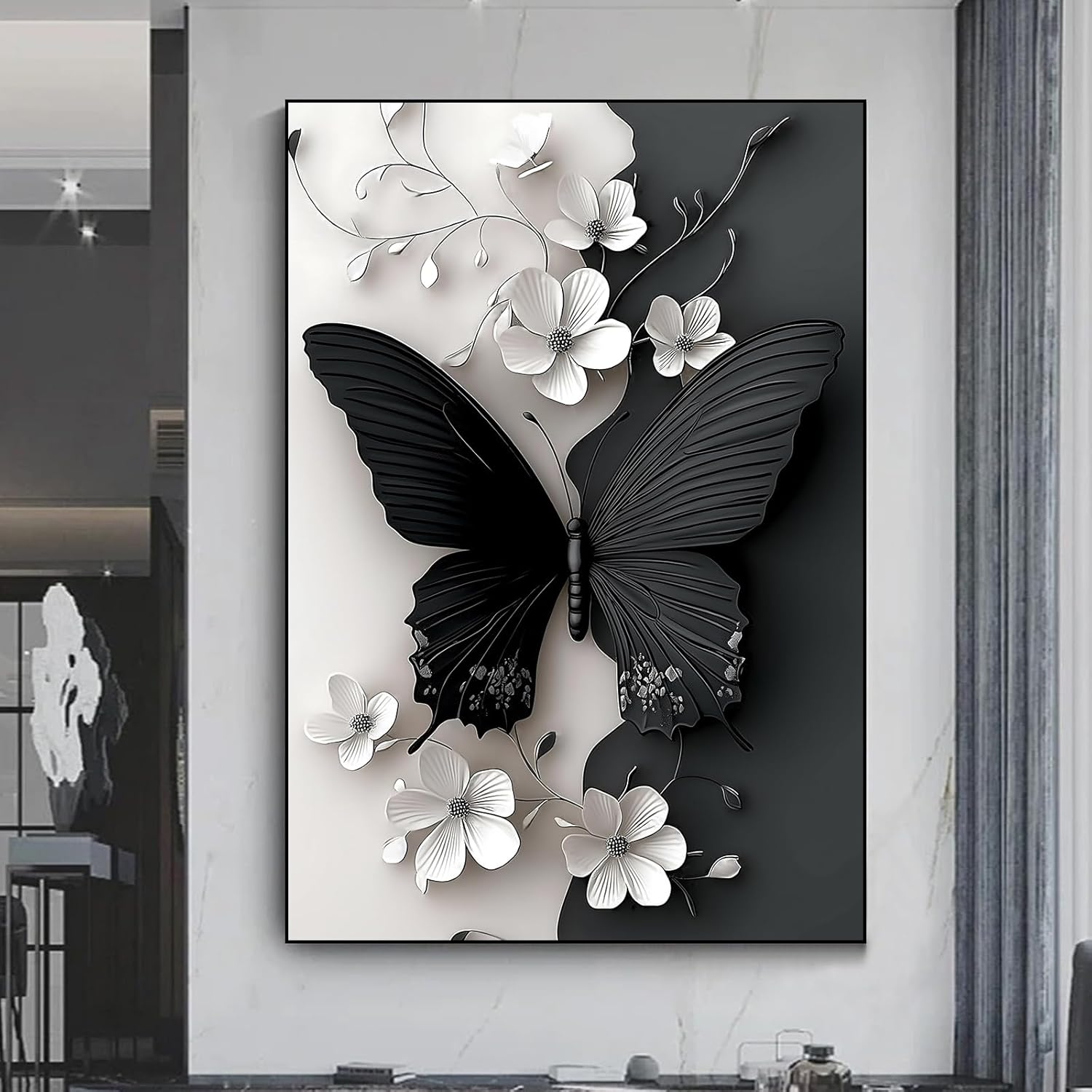 Blue Butterfly Canvas Wall Art Abstract Texture Painting White Butterfly Picture Black Texture Poster Modern Butterfly Canvas Modern Texture Prints Abstract Butterfly Artwork Decor 16X24Inch No Frame