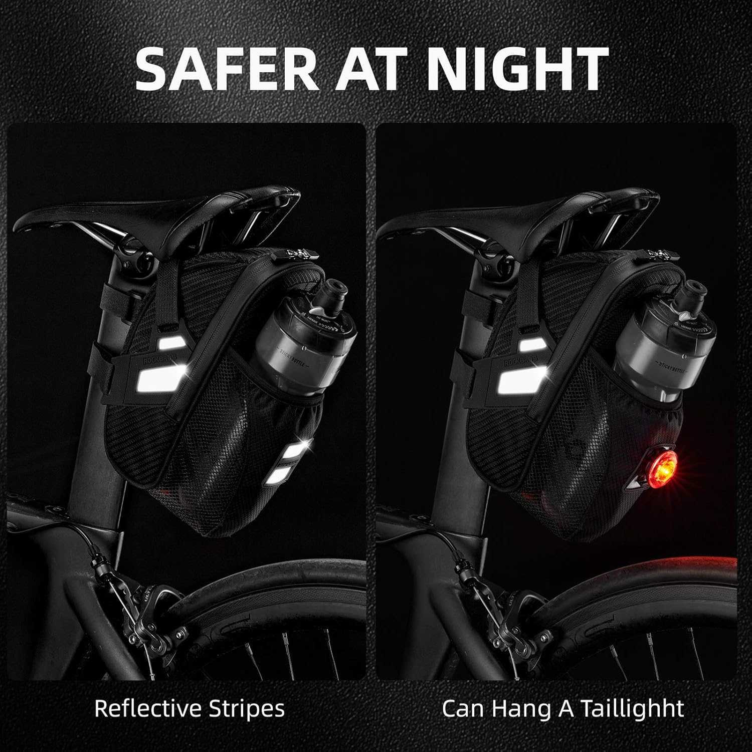 ROCKBROS Bike Seat Bag Bike Saddle Bag under Seat Pack Reflective Large Capacity Bike Seat Storage Bag with Water Bottle Pouch for Mountain Road Bikes image number 2