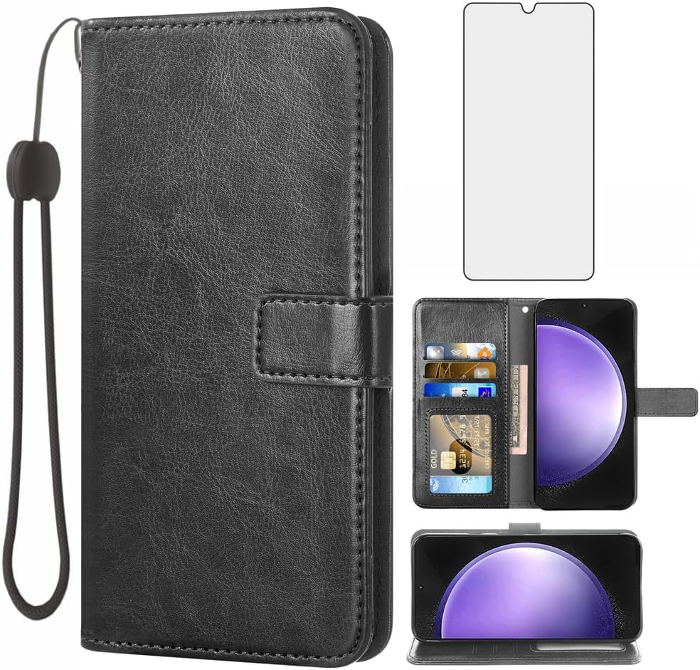 Compatible with Samsung Galaxy S23 Fe 5G Wallet Case Tempered Glass Screen Protector and Leather Flip Cover Card Holder Credit ID Stand Cell Accessories Phone Cases for S 23Fe S23FE G5 Women Men Black image number 4