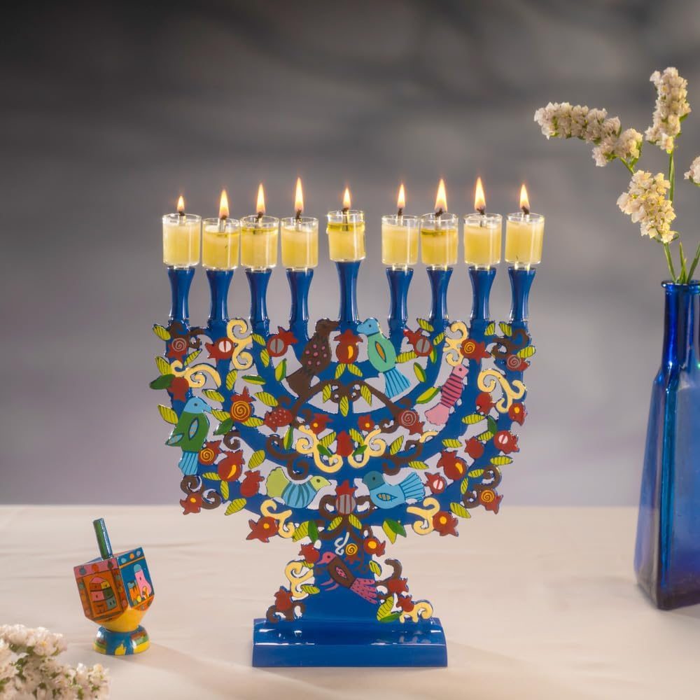 Yair Emanuel Large Blue Menorah with a Tree Design and Birds in Lazer-Cut Metal image number 4