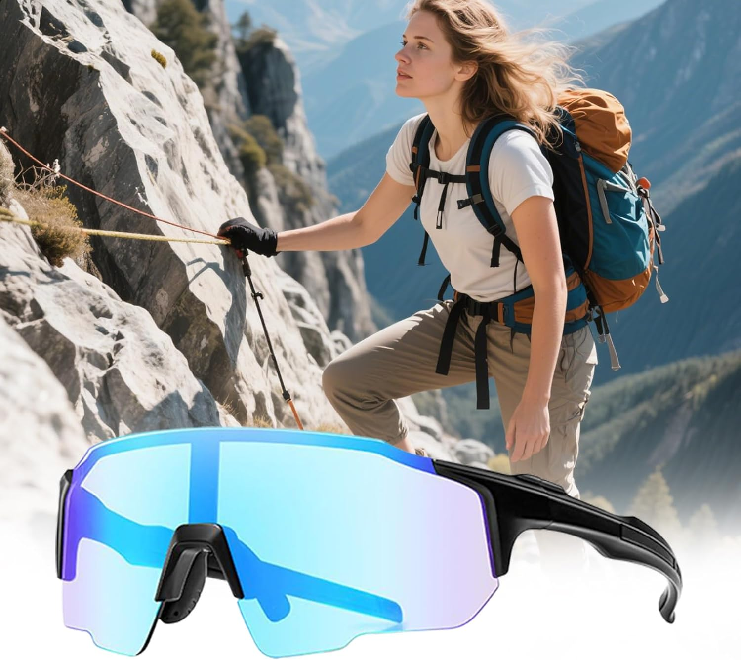 Photochromic Sunglasses | UV Protection Sunglasses | Eyewear for Hiking Bike Fishing Running Outdoor Mountain Daily Driving Women Road Sports with Light Adaptive Lens Technology - Blue image number 4