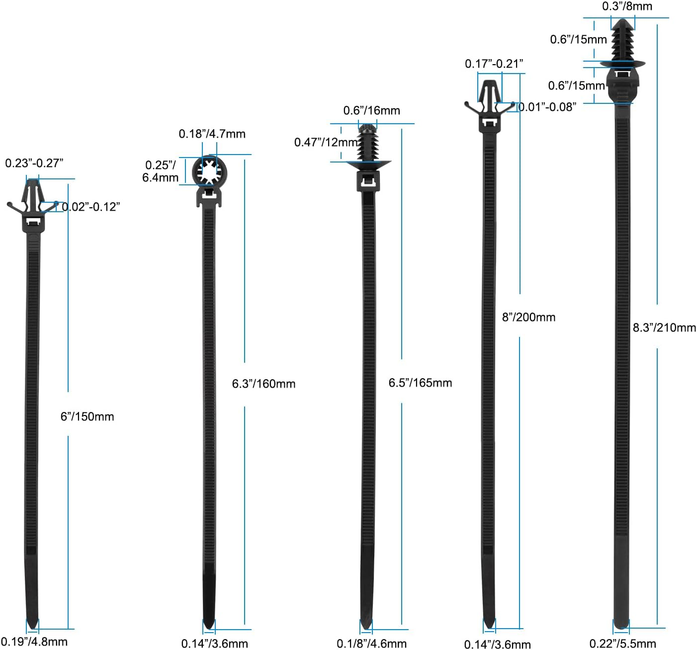 Armpow 110 PCS Automotive Installation Black Push Mount Cable Zip Ties Assorted Sizes, Heavy Duty Self-Locking UV Resistant Wire Ties - for Indoor Wire Bundling, Construction, Automotive image number 4