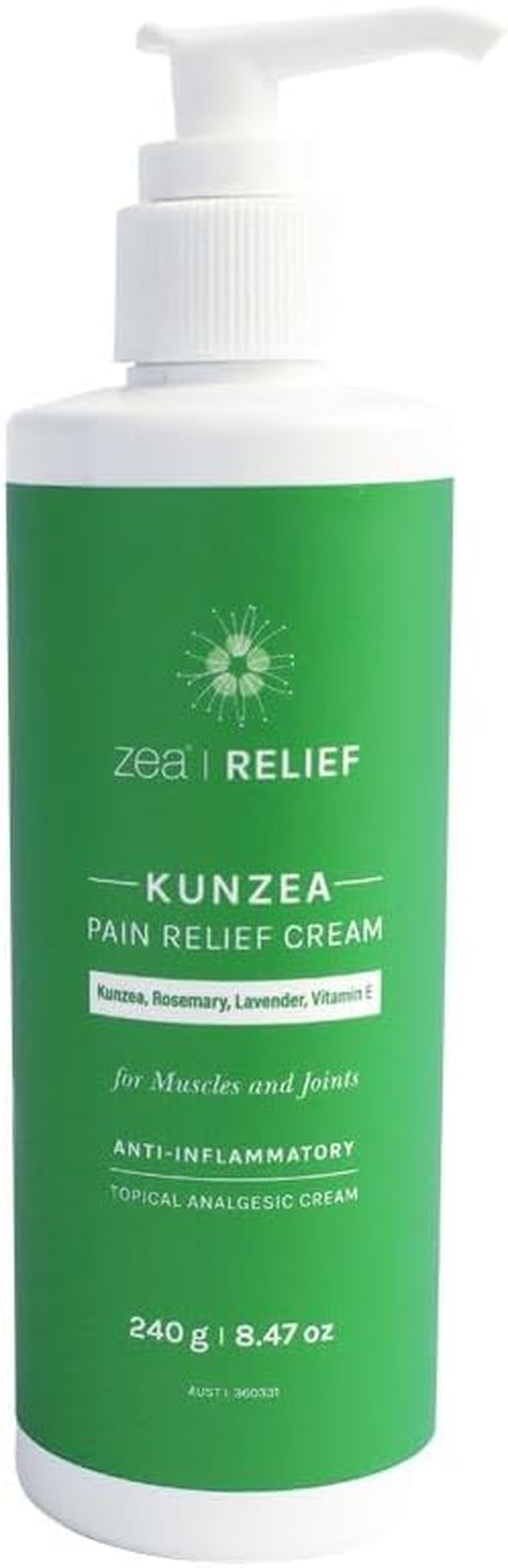 Zea Relief Kunzea Pain Relief Cream, 240 G &ndash; Natural Anti-Inflammatory Formula for Muscle, Joint & Nerve Pain &ndash; Enriched with Vitamin E, Rosemary & Tasmanian Lavender &ndash; Sore Muscle & Arthritis Relief image number 1