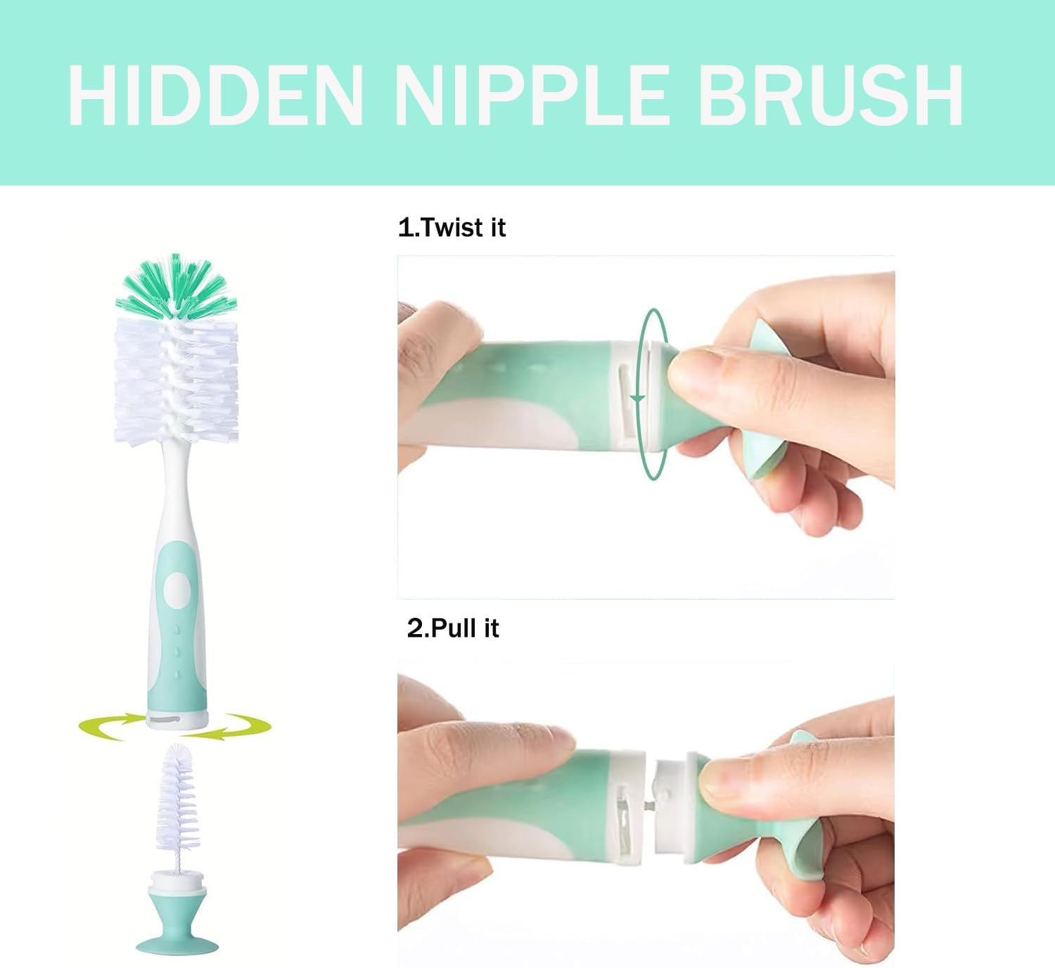 Baby Bottle Cleaner 4 in 1, Bottle Brush Set, with 1P Nylon Bottle Brush, 1P Bottle Cap Brushes, 2P Straw Brushes, Bottle Brush with Nipple Cleaner and Suction Cup, Bpa-Free(Green) image number 5