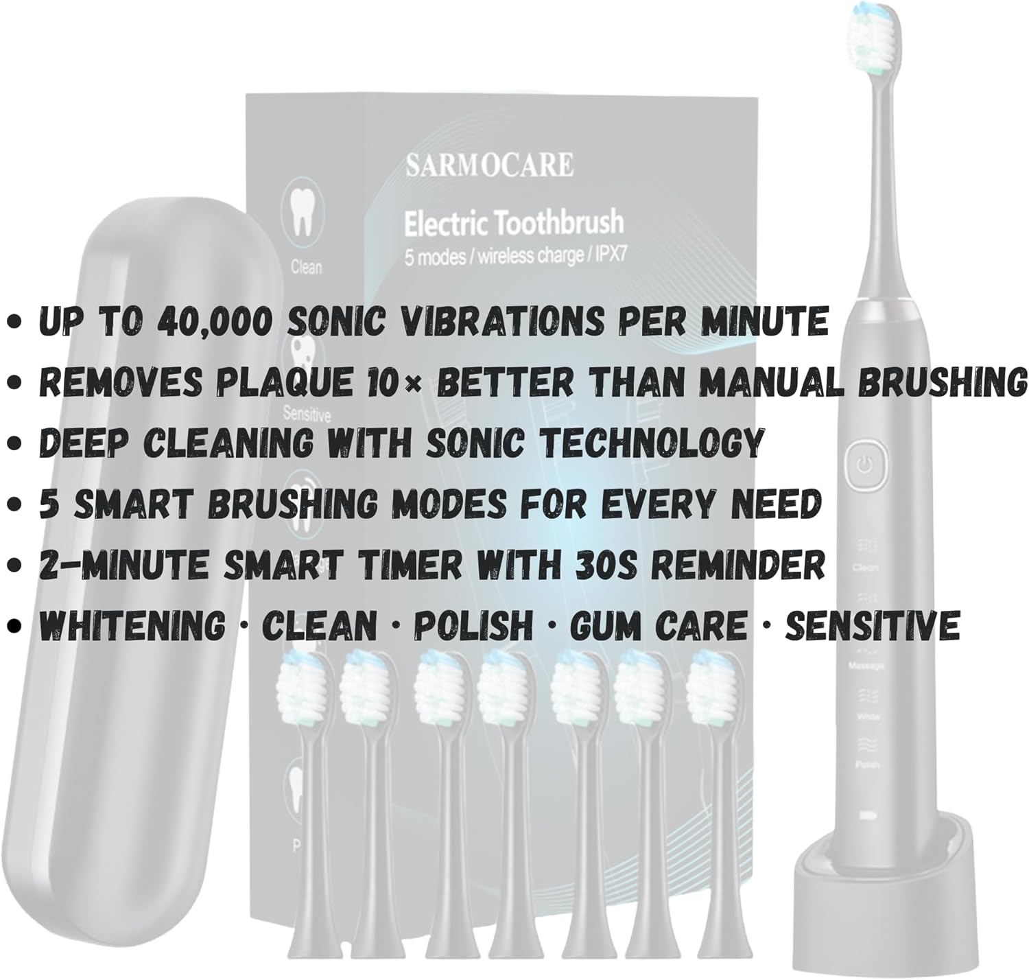 Smart Sonic Toothbrush &ndash; Rechargeable 600Mah Battery, Sleek Black Design, Complete Set with 8 Brush Heads, Charging Stand & Portable Travel Case | Long-Lasting Electric Toothbrush for Home, Office, Travel & Everyday Oral Care image number 4