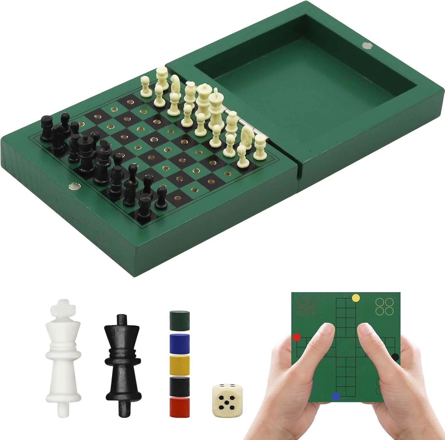 TUNJILOOL Wooden Chess Set, 3 in 1 Chess Board Chess Checkers Backgammon, Portable and Foldable Chess Board Set Chess Pieces for Kids Adults Travel 10X10Cm,Non-Magnetic