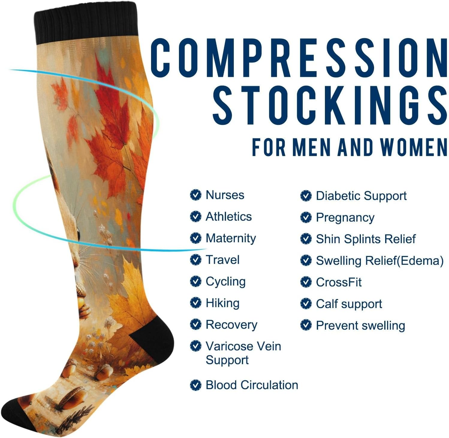 Joisal Squirrel Autumn Floral Compression Socks Knee High Support Socks for Running Gym Nursing Travel, 1 Pair image number 5