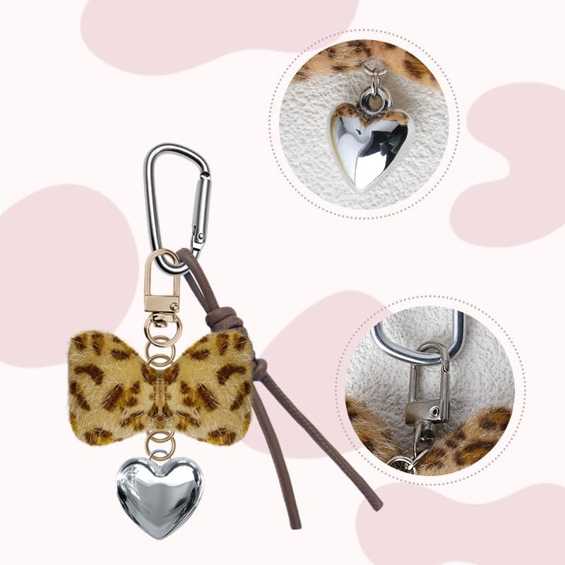 Leopard Bow Keychain Accessories Y2K Heart Bag Charms for Handbags Tote Bag Fluffy Bow Charms for Purse Leopard Print Fuzzy Charms for Girls Women Vintage Y2K Silver Heart Keychains for Car Keys image number 6