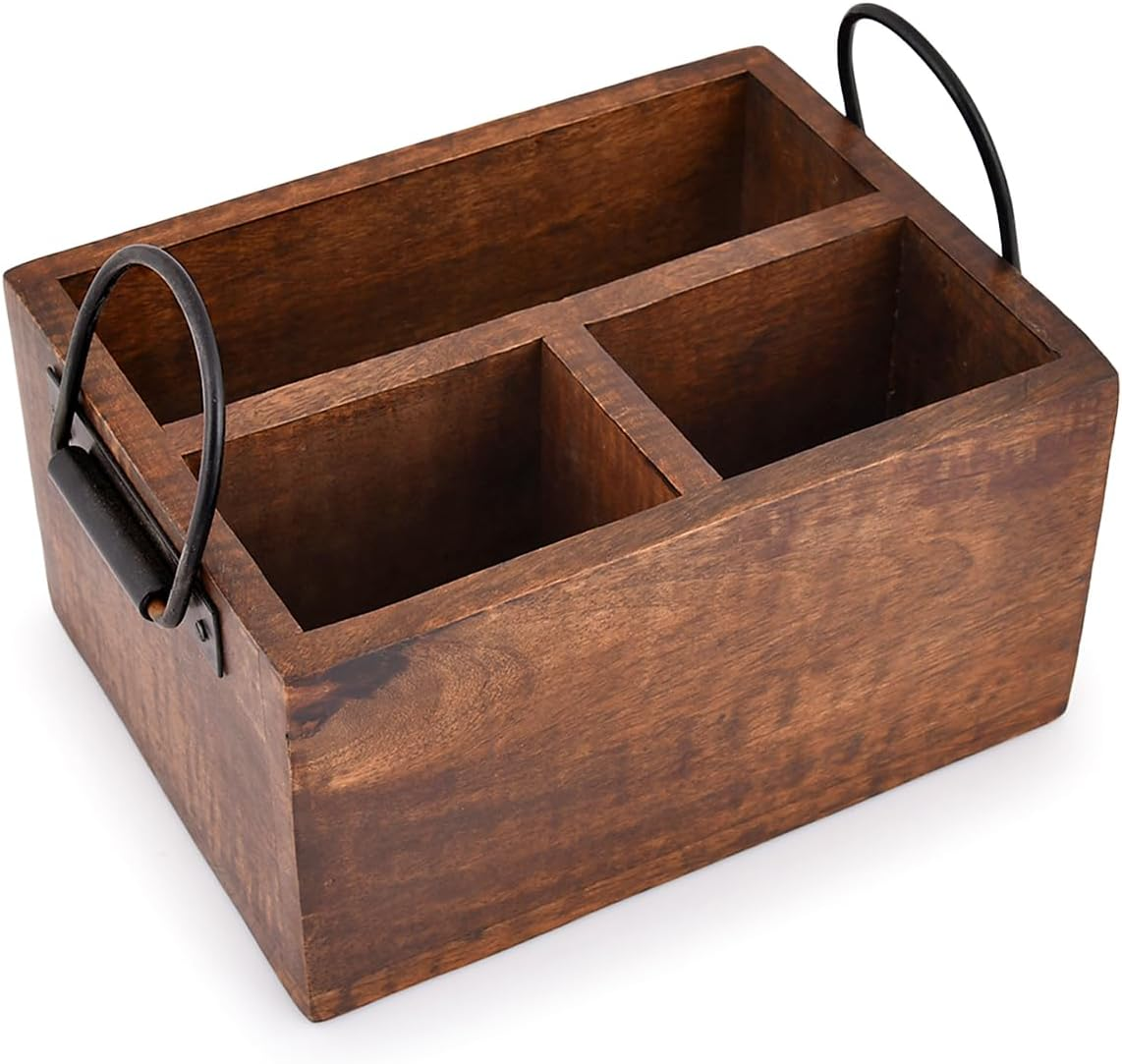 EDHAS 3 Compartment Flatware Caddy, Cutlery Utensil Holder with Metal Handles for Farmhouse Kitchen Decor and Countertop, Dining Table, Office Organizer (20.32Cm X 15.24Cm X 10.16Cm image number 4