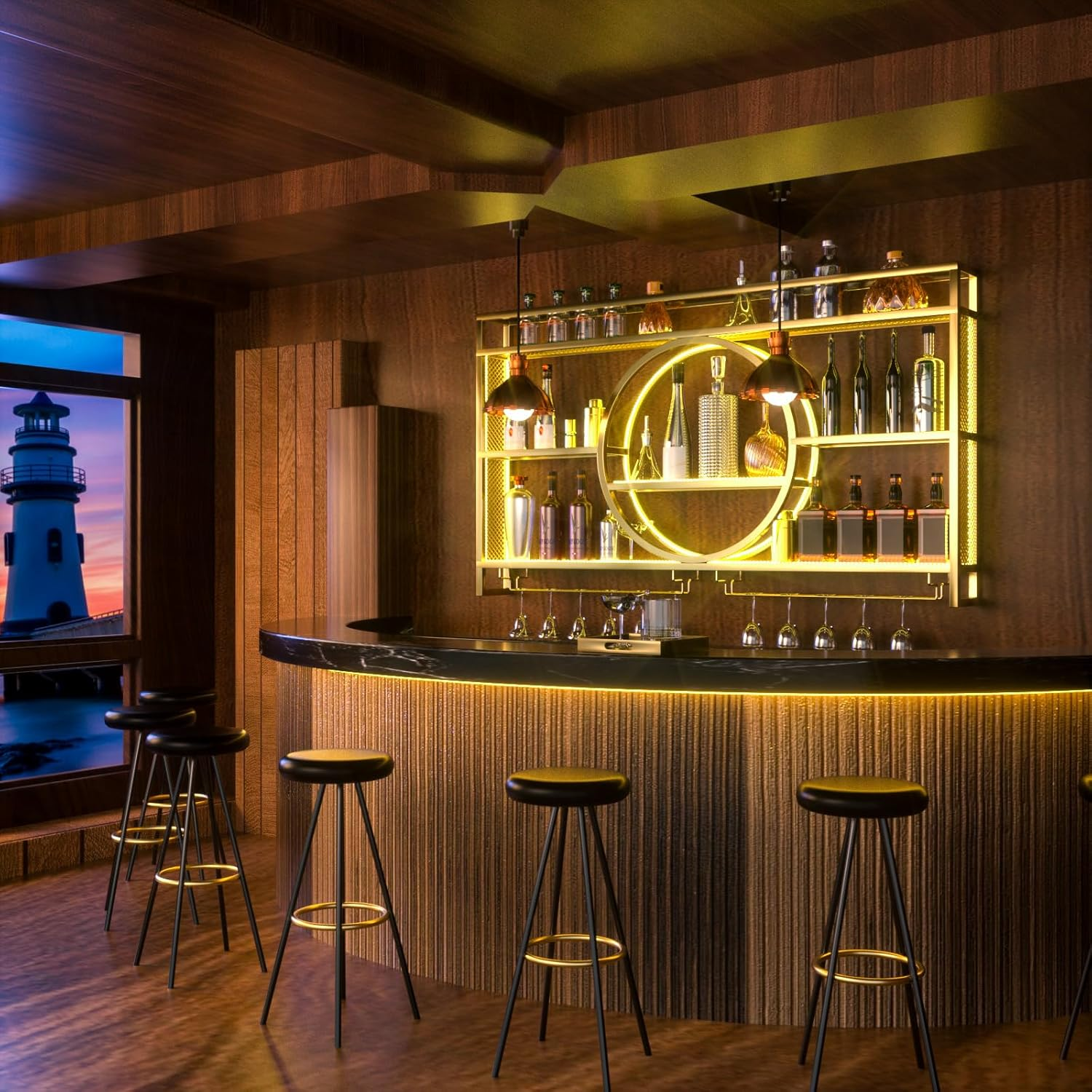 Wall Mounted Wine Rack with Led,3-Tier Metal Wine Bottle Shelf with Goblet Holder, Modern Bar Shelves Bar Liquor Bottle Display Shelf Multifunctional Bottle Rack for Home Bar No Battery (GLD, 100) image number 4