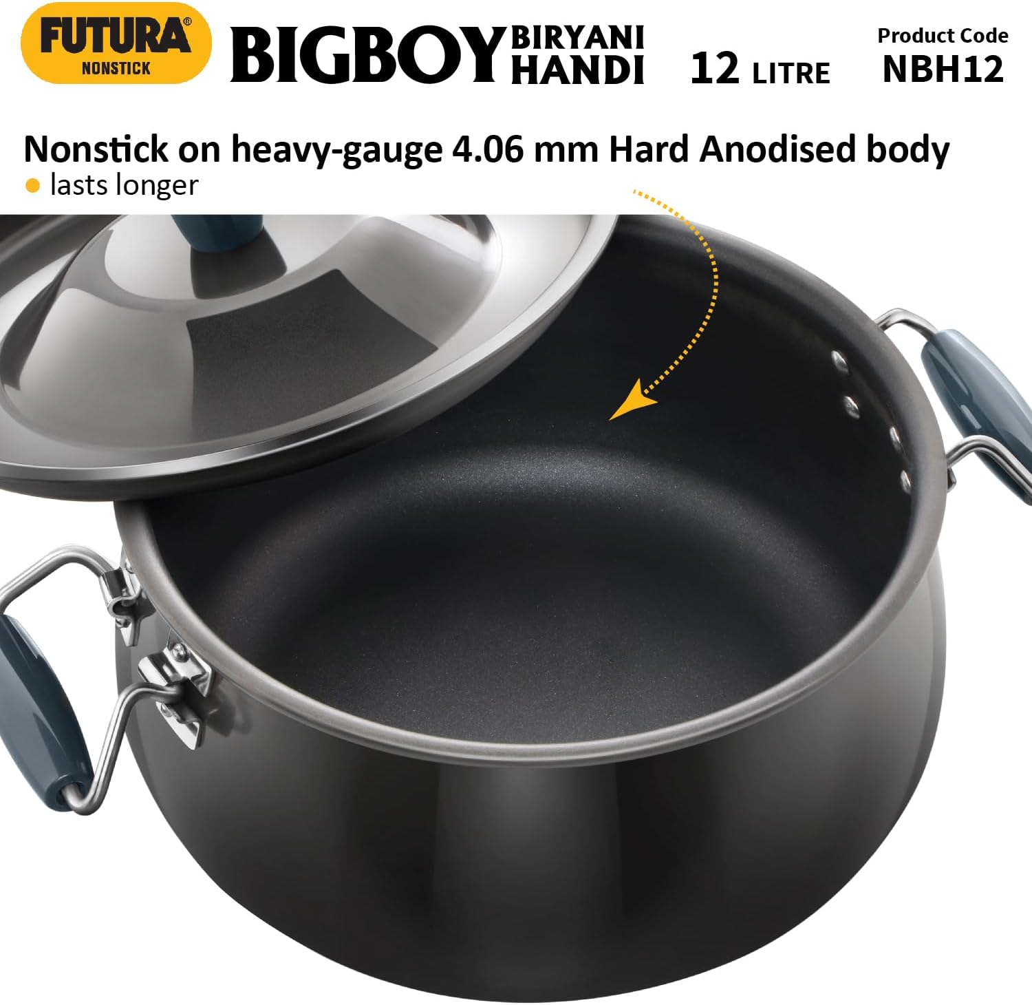 Hawkins Futura 12 Litre Bigboy Biryani Handi, Non Stick Pot with Hard Anodised Lid, Sauce Pan for Cooking and Serving Biriyani, Black (NBH12) Aluminium image number 1