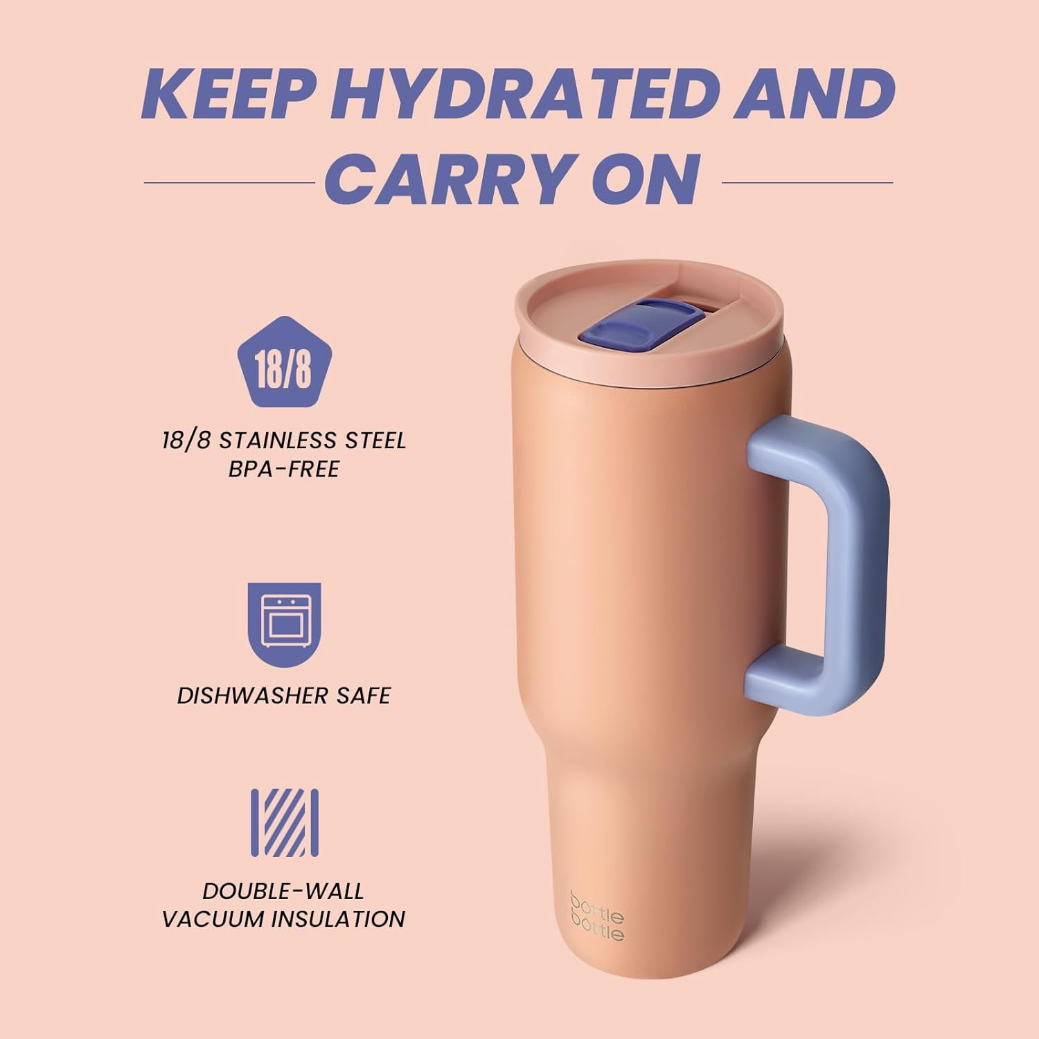 BOTTLE BOTTLE 40 Oz Tumbler with Handle and Straw,Stainless Steel Vacuum Travel Mug,Car Cup with Straw, Stainless Steel Vacuum Water Bottle for Gifts Party Office Coffee (Peach) image number 1