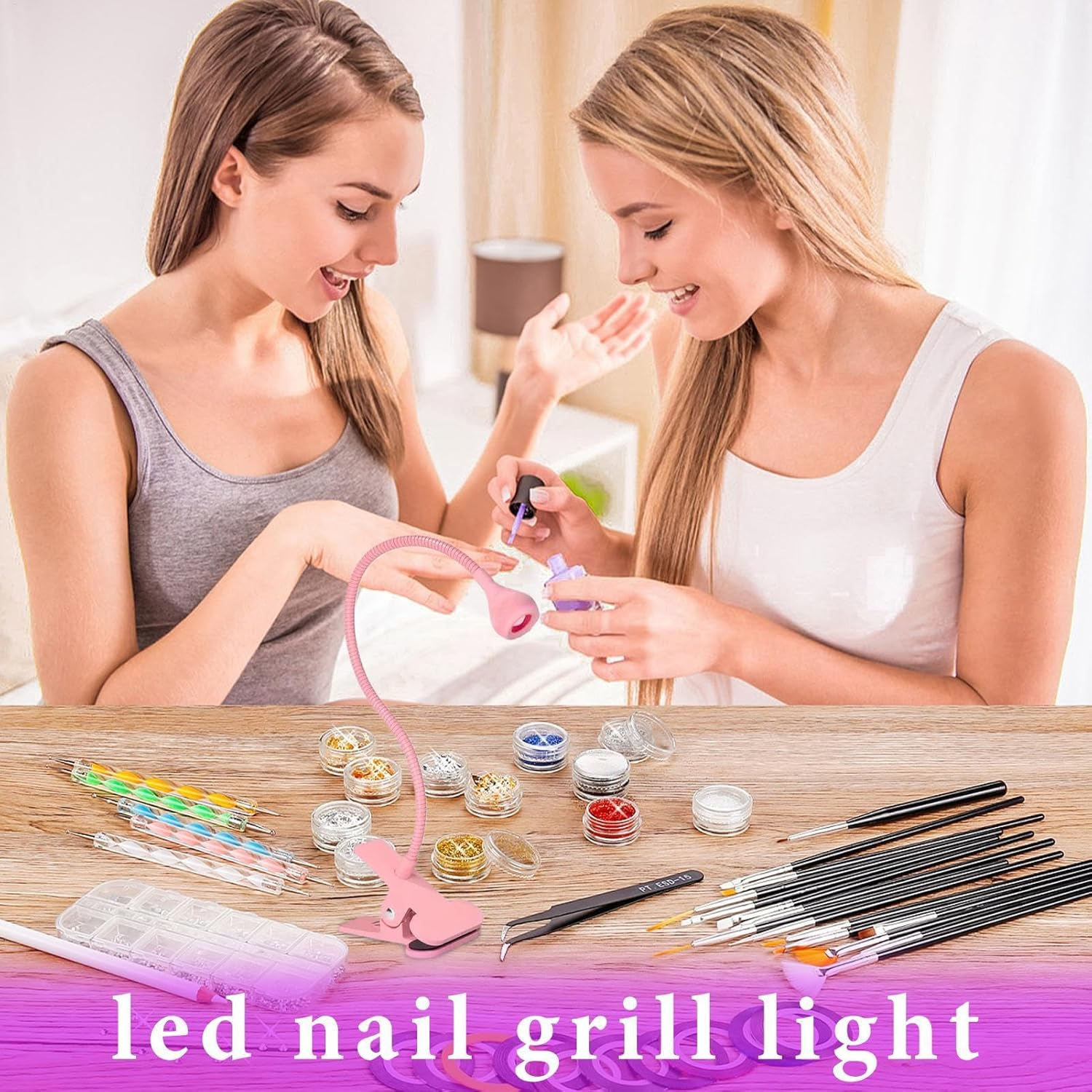 Qkbuza Gooseneck UV Lamp | Clamp on LED Nail Lamp Gooseneck UV Light for Nails - Nail Accessories, Manicure Dryer, Small Portable UV Lamp for Home Salon, Fast and Even Curing - Pink image number 2