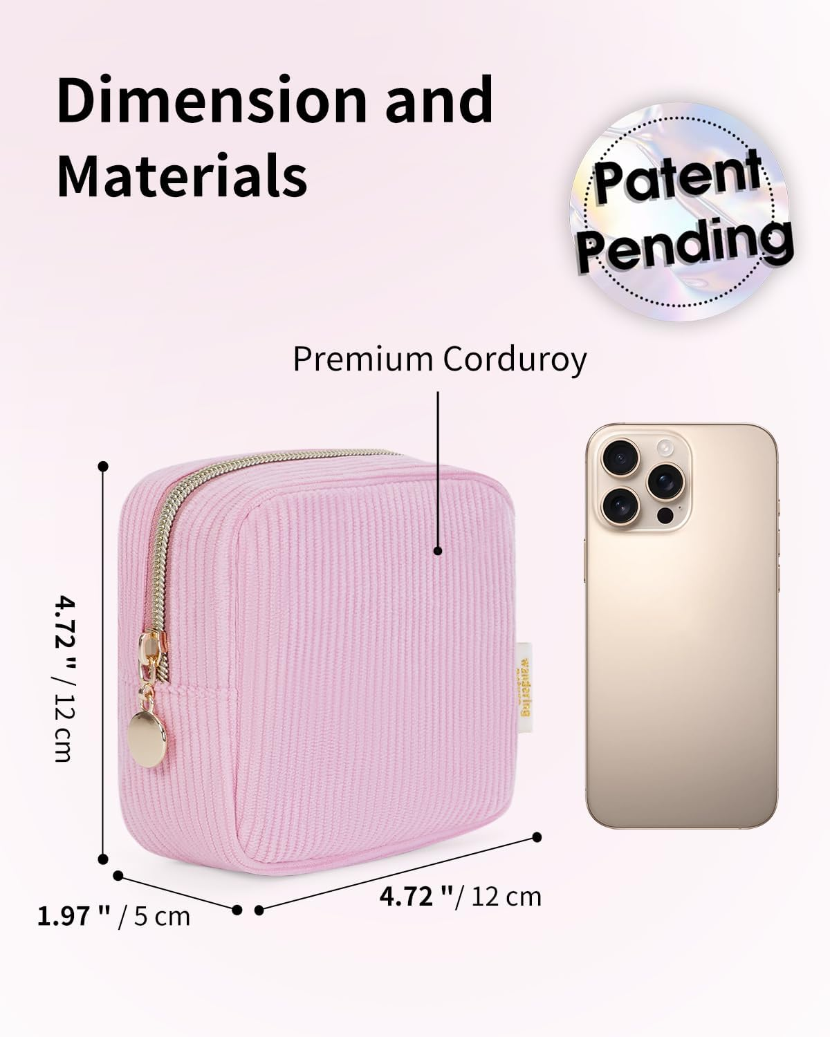 Wandering Nature Small Makeup Bag for Purse Zipper Cosmetic Bag for Women Pouch Travel Eco Vegan Leather Make up Organizer for Toiletry Bag Water Resistant Gift Idea, Black, Corduroy Pink, Mini, - Beige image number 5