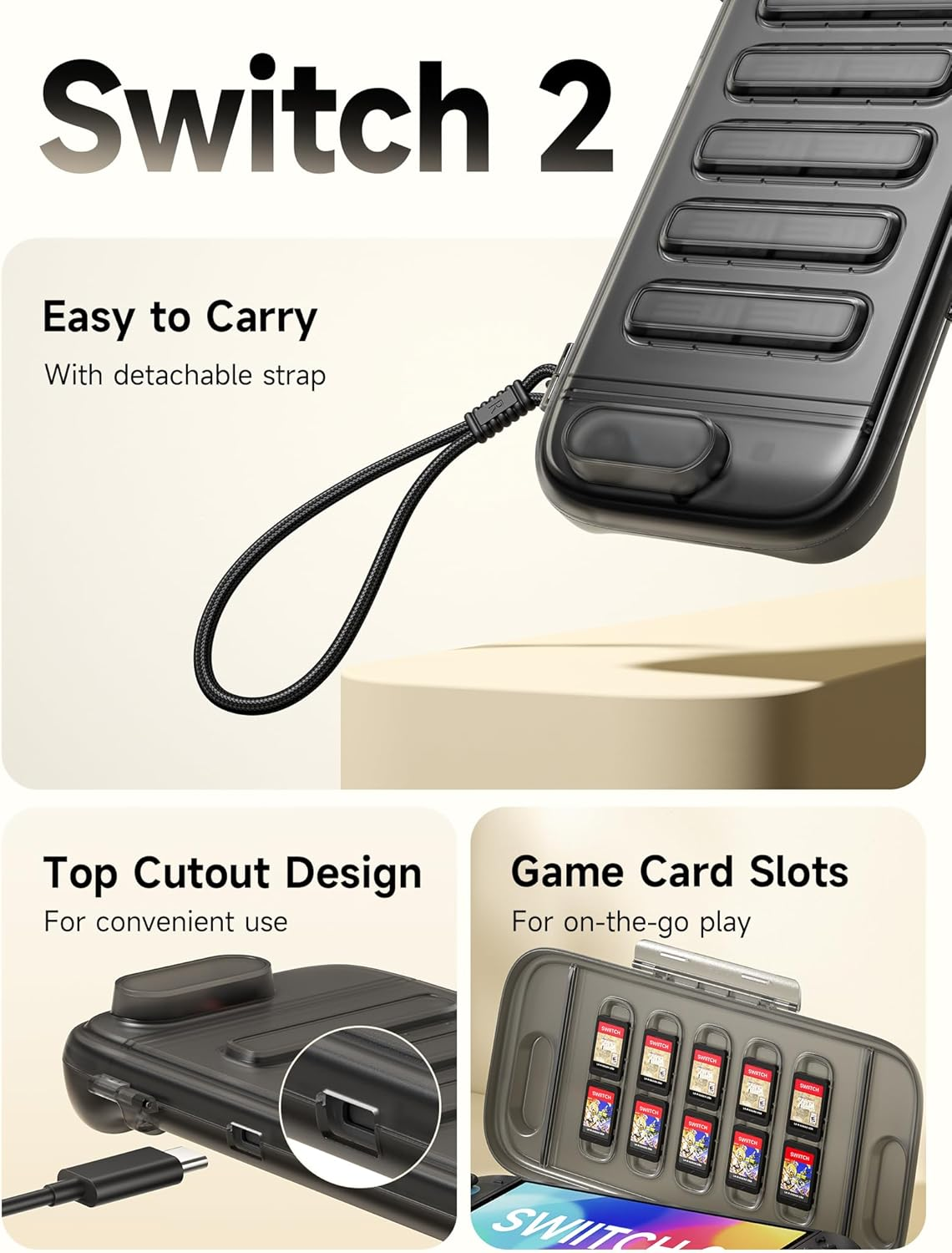 JSAUX Protective Case Compatible with Nintendo Switch 2 (2025), Ultra-Slim Hard Shell Carrying Case, Portable, Built-In Game Card Slot, Travel-Carry Full Protection Cover&ndash;Translucent Black PC0116 image number 6