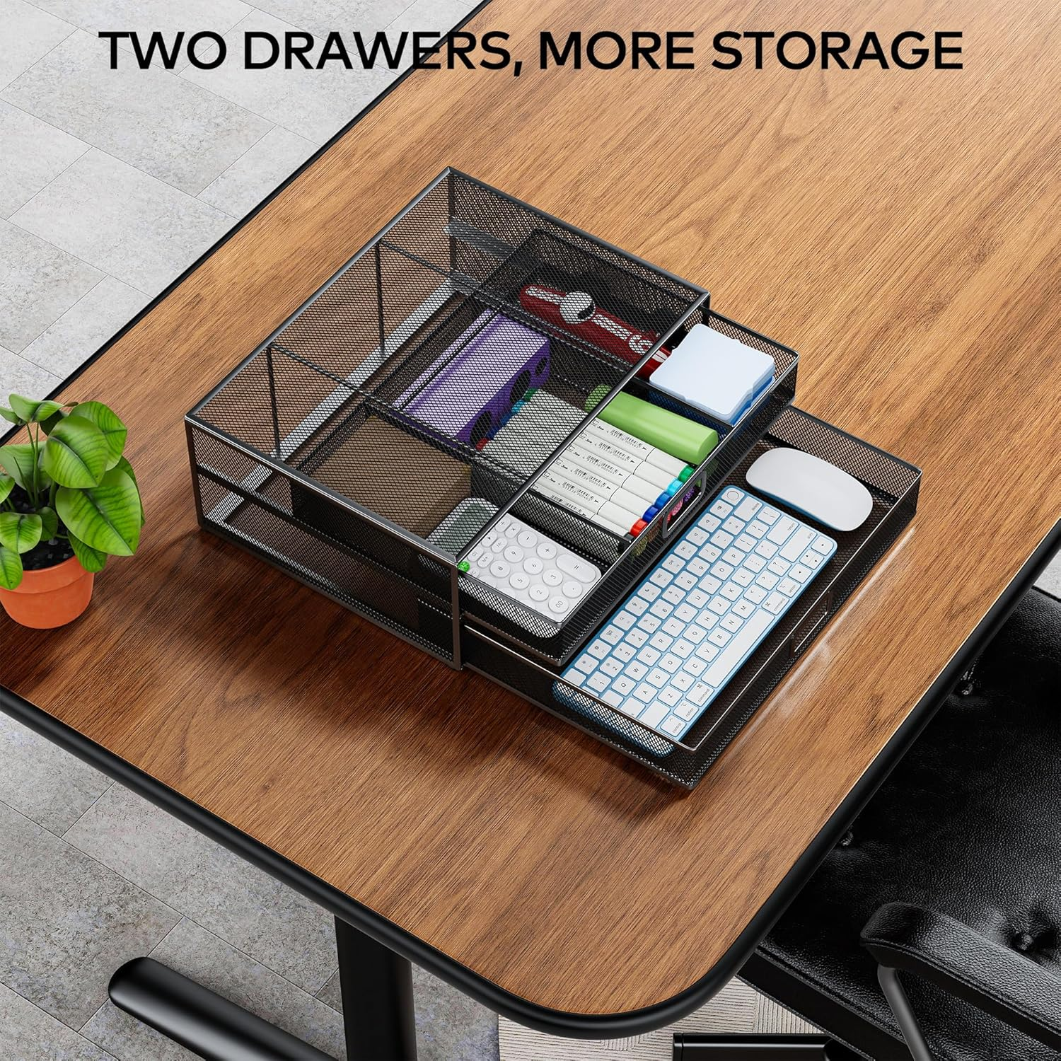 Auvo Metal Monitor Stand Riser with Two Drawers, AMS02 Computer Desk Organizer for Laptop, Computer, Imac, Black image number 3