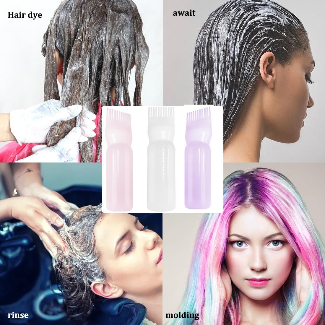 3 Piece Applicator Bottle Hair + 4 Hair Dye Brushes - Hair Dye Tool Set, Applicator Bottle Hair, Hair Oil Applicator Bottle, Root Comb Applicator Bottle, Applicator Brush Tip Tools