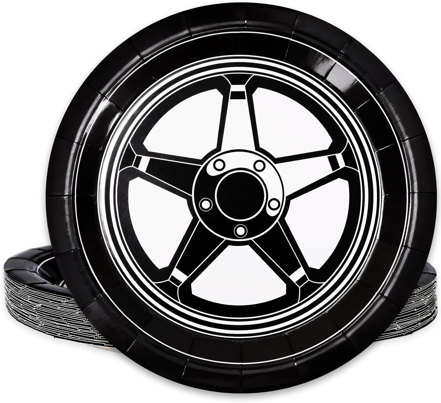 Jarthenaamcs Racing Car Plates Car Wheel Disposable Paper Plates Black White Dinner Plates 9 Inch Dessert Plates for Party Supplies Table Decor, 24Pcs image number 6
