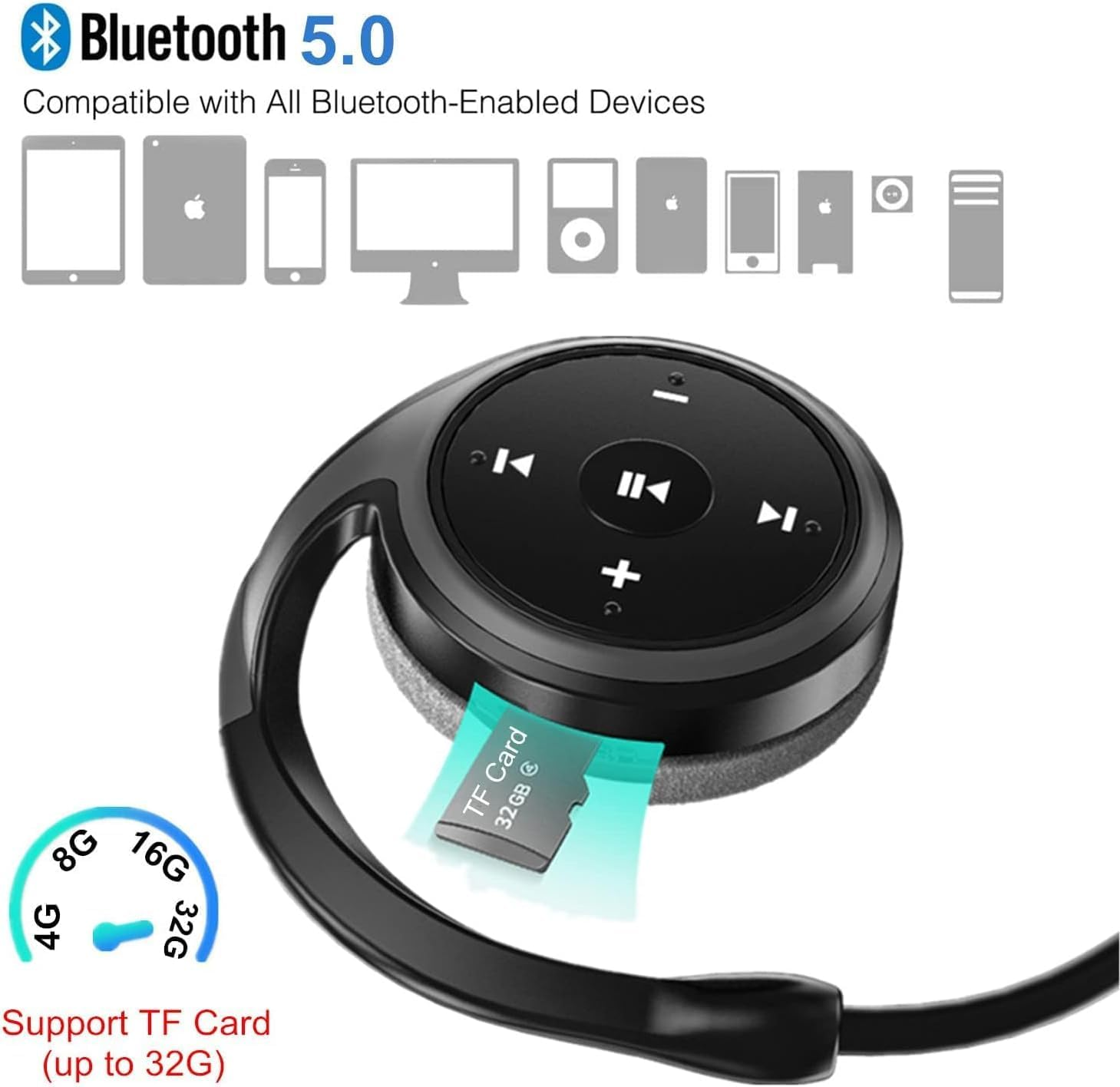 XUJAIOLQP Sports Bluetooth Headphones, Bluetooth 5.0 Over-Ear Headphones, Support TF Card and FM Radio, CVC8.0 Noise Canceling Earset 12 Hours Playtime for Running, Bicycling, Gym image number 1