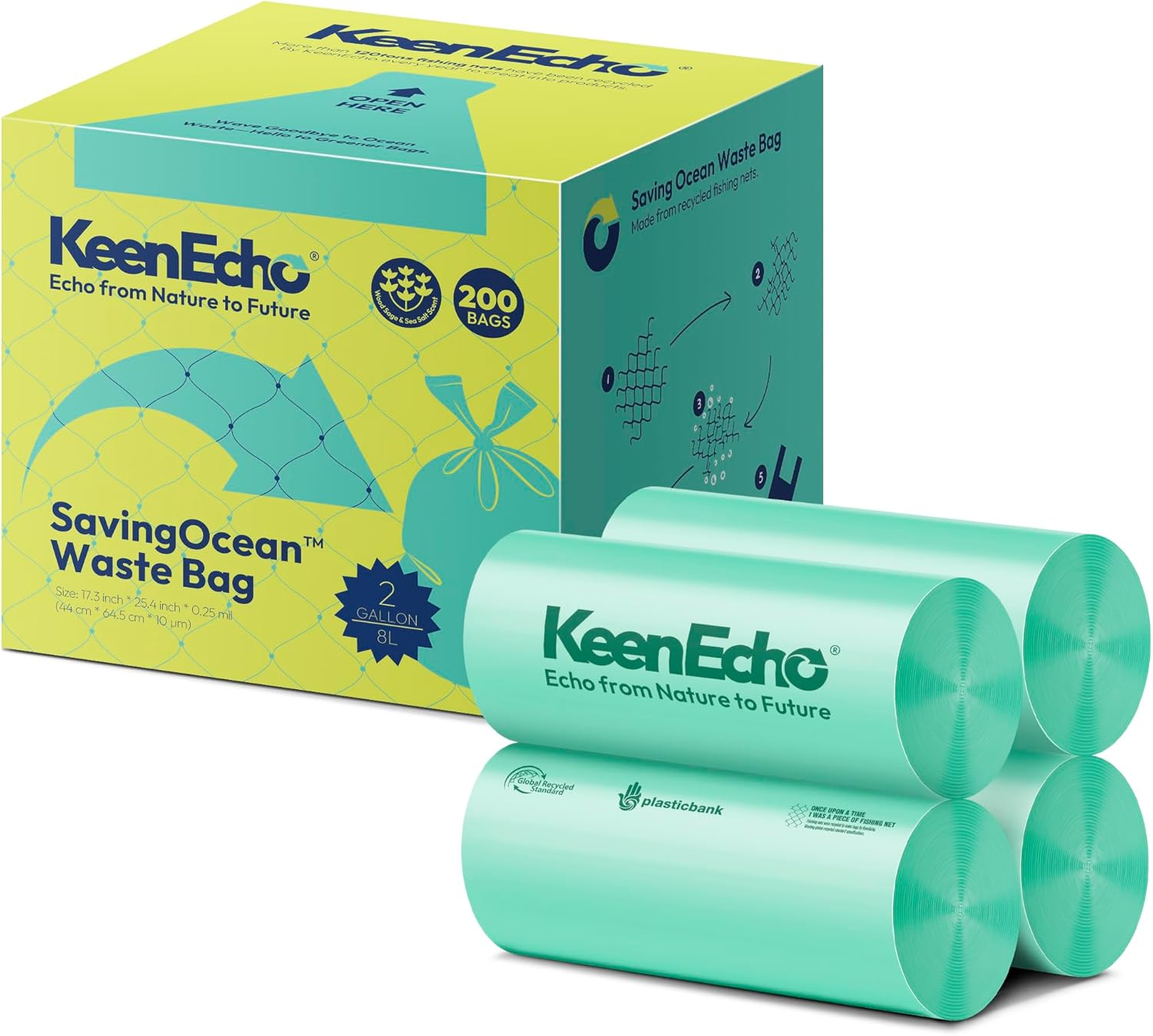 8L 200 Counts Small Green Bin Liners with Handle, Ocean Fishing Nets Upcycling, Sage & Sea Salt Scented, Plastic Bin Bags, Garbage Bags for Kitchen, Bathroom, Office and Pets image number 5