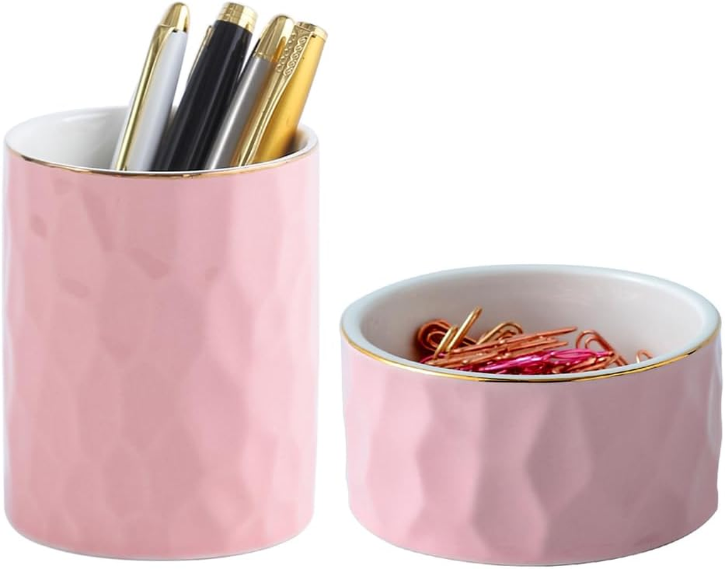 YOSCO Desk Organizer Set of 2 for Office, Ceramic Pen Holder and Paper Clip Holder, Cute Pencil Cup Pot for Desk, Paper Clip Dispenser for Desktop, Makeup Brush Holder, Ideal Gifts (Black Set)