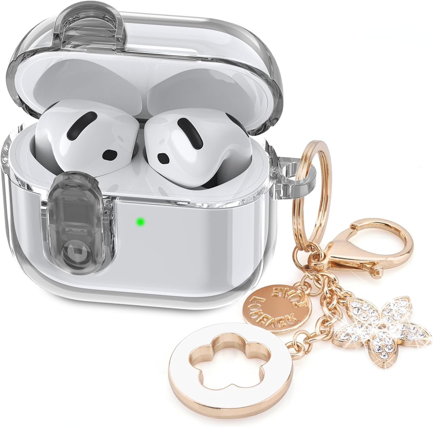 Oiltomn with Safety Lock Cute Clear Case Compatible with Apple Airpods 4 Cases 2024 Women, Soft TPU Transparency for Air Pods 4 Case Ipods 4 Earbuds Case Girl Bling Keychain -Purple