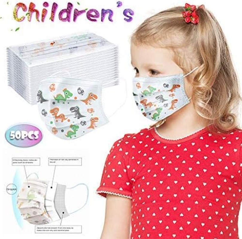 10/20/30/40/50/100 Pcs Earloop Disposable Cover for Kids,Oral Protection 3-Ply Filter Dustproof Waterproof Cover Dinosaur Print Children Face_Masks (50PCS, White) image number 6